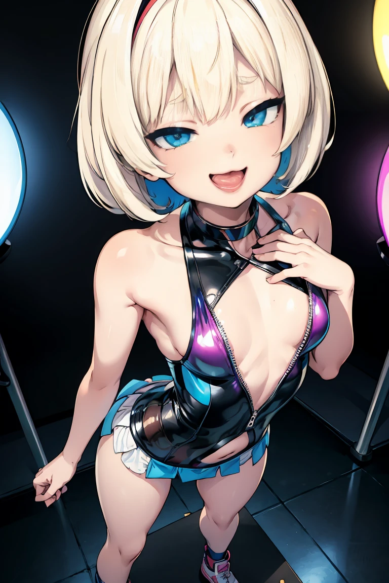 (1girl)),((alone)),harley quinn,(masterpiece), (best quality), (ultra detailed), (best illustration), (best shadow), (absurdities), sharp focus, cowboy shot , dynamic posture looking at the viewer, medium breasts, narrow waist, wide hips, wide thighs, round butt, erotic, romantic, (very detailed eyes, lips 1.1), very detailed eyes, eyes, Very detailed face, Very pretty face, height full, beautiful slim figure, femininity, expressive appearance, elastic medium breasts, sexuality, pink skin, blonde hair, multicolored hair blue hair, pink hair, two stories, long hair bangs, blue eyes, red lips, lipstick, tattoo, nail polish, underwear, shorts, panties, breasts, open fly, ribbon, navel, big breasts, multicolored camisole, red and black camisole, cleavage, smile, panties with bow, two sides up, abdomen, unbuttoned, multicolored shorts, open shorts, red pants with black, unbuttoned, defined body, perfect and beautiful body, perfect and beautiful, closed mouth, smile, happy smile, blush, (sexy pose: 1.2), ((solo)), standing: 1.3 , exterior cityscape, streets, dirty city, city lights, looking forward, ((focus on breaths )), point of view: (from above), perfect anatomy, perfect hands