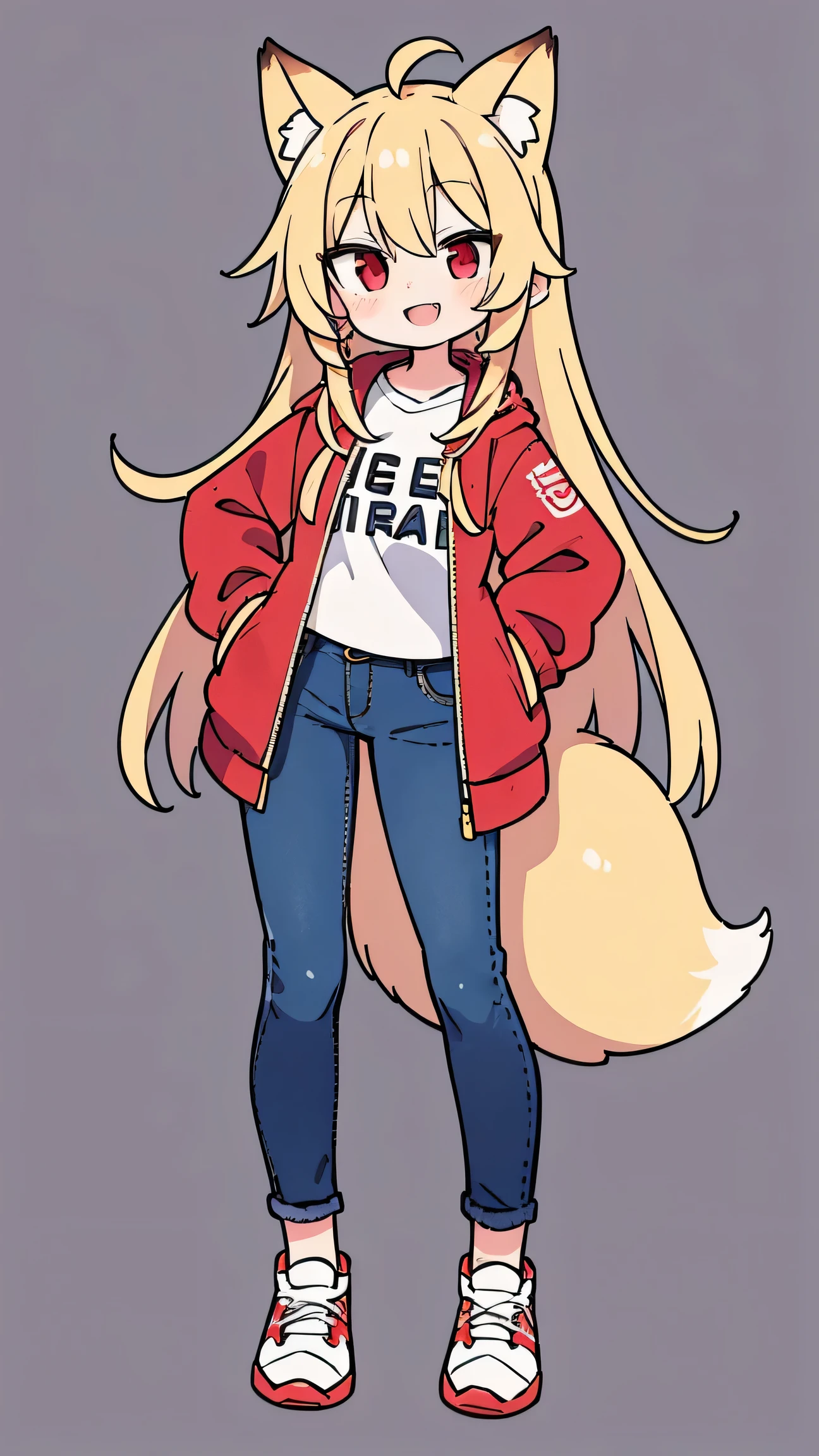 anime style、 cute face、 female、 fox ears、Gold Hair、tail、 red eyes、 long hair、 red jacket 、jeans、sneakers with a ladyback letter、smiles、simple background、 double teeth、