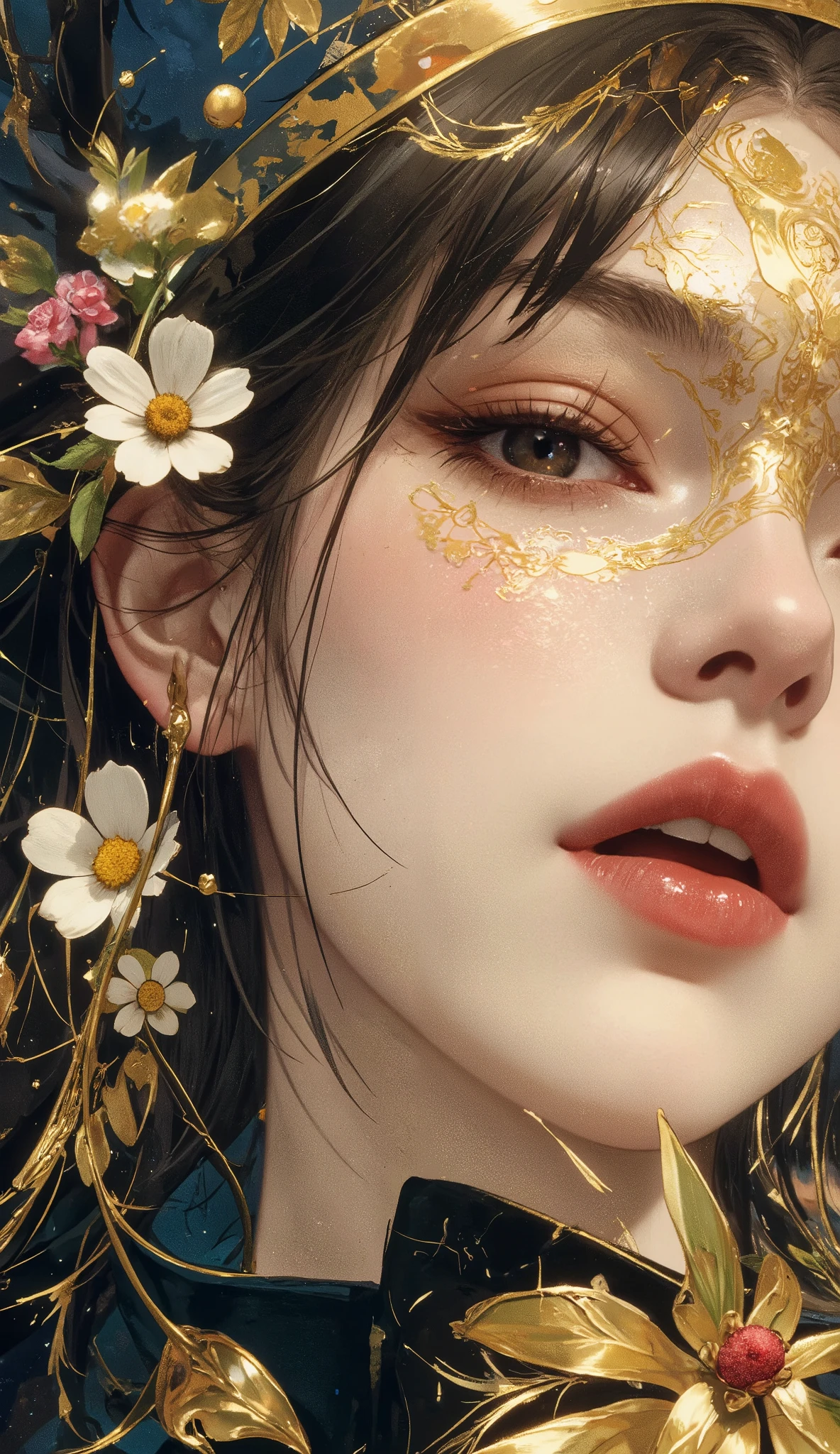 masterpiece, Best Quality, ultra resolution, perfect anatomy, 1 woman , Detailed Faces、The perfect combination of Klimt style and Mucha style、The perfect combination of gold leaf and flowers、The perfect blend of Art Nouveau and Fauvism、fantastic、dramatic、dynamic、absurd、metaphysics 