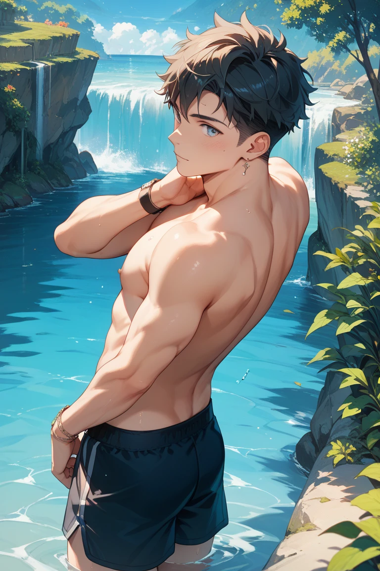 masterpiece,best quality,high quality,extremely detailed,(male austere handsome one solo adult age 30 years old:1.5),(purple eyes, cool with suspended eyes), body strong and fearless 8.5 head tall and 185cm tall,(well-groomed black hair short hair to neck:1.4), (bangs parted in 7 thirds:1.4), (pectoral and rectus abdominis:1.3), slender nose, facial muscles, (saltwater pants:1.3), (hand on neck:1.3), (scowling smile:1.3), (bathing and wet:1.3), (stylish pose), (background summer river and forest:1.3), ( blue sky:1.3)