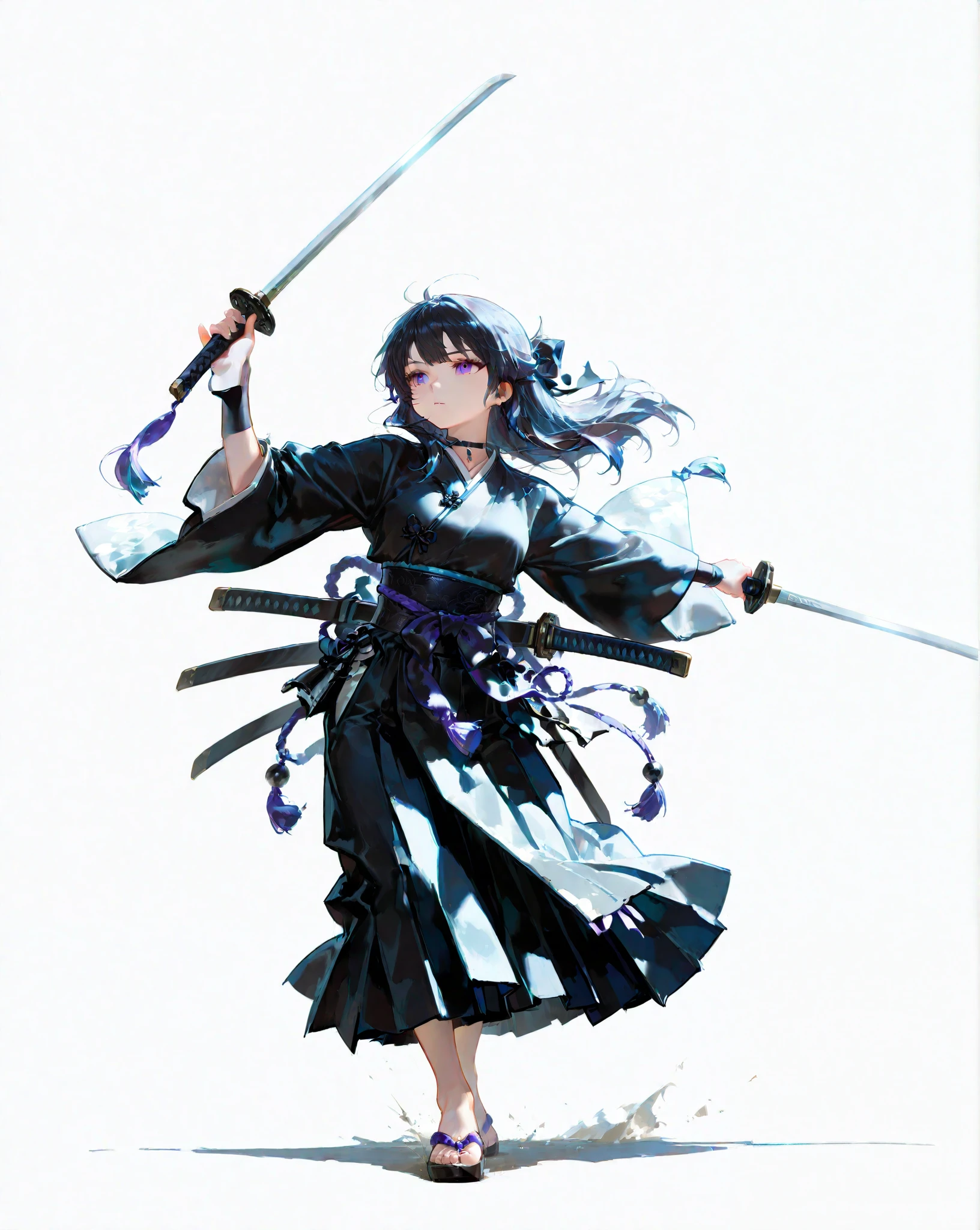 great details、high image quality、simple background、full body、Japanese clothing、Dual Swords