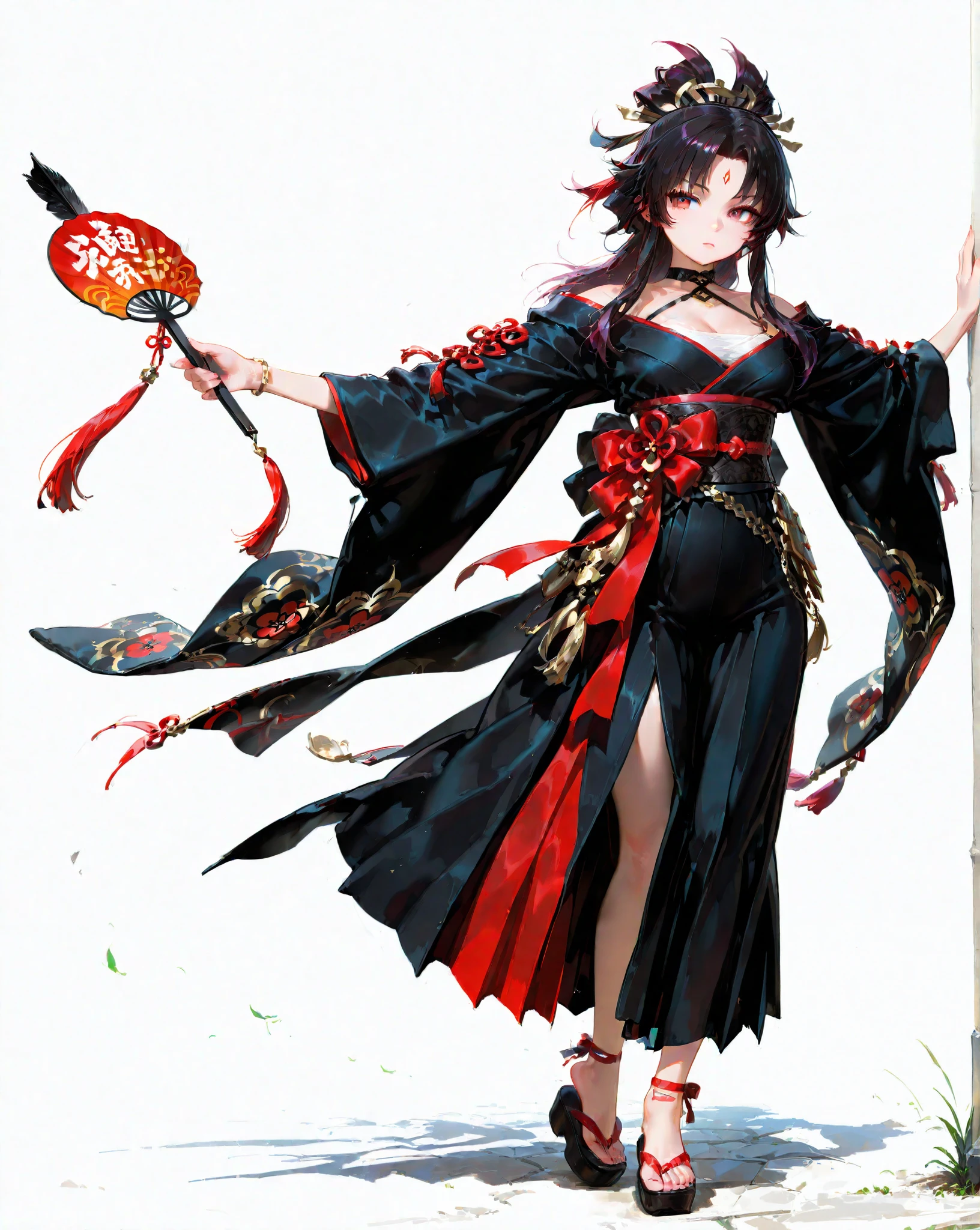1 girl in、Long black hair、Golden eyes、Black kimono、Lily pattern kimono、Standing knees、Bewitching smile、Bewitching woman、glamor、((folding fan))、Fan at the mouth、Standing Picture、full bodyesbian、fullmoon、cherry trees、(Masterpiece Highest Quality:1.2)、((High resolution of the highest quality))、[[bad face]], [[Fused fingers]], [[multiple limbs]], [[animal ear]]