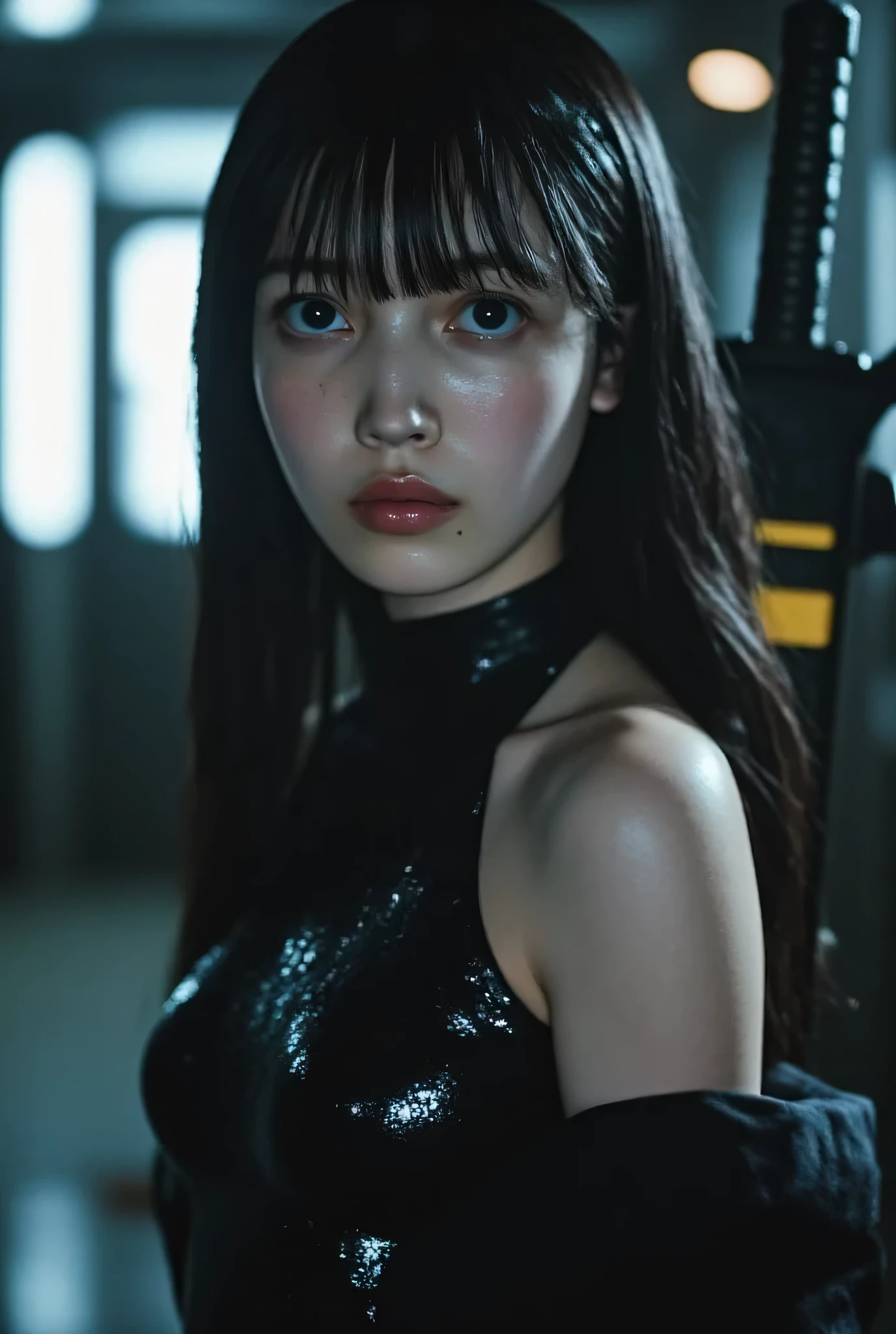 (((The inside of the fiery dark Nostromo ship:2.0))),(((HR Gigger style cyberpunk vibe:2.0))),(((Hold a cyberpunk-style Japanese sword:2.0))),((low camera angle:2.0)), standing,1 woman,(cute faces:2.0),(Beautiful well-balanced face :1.7),((long hair with bangs:2.0)),(black hair:1.5),(beautiful eyes:1.3),A glamorous shot of a 20-year-old Japanese woman, Slender Beautiful Body ,((model body type:2.0)),((slim body:1.7)),perfect body line,ideal proportions,((big on the floor:2.0)),((スリーサイズ90-58-86:3.0)),((F cup breasts:1.5)),Big Breasts,Bare thighs,Sensual Thighs,delicate body,(Glutinous Flesh:1.7),harmonious posture,((Realistic breast depiction :1.7)),Carefully depicting limbs based on perfect anatomy,((A black super high-leg leotard in the style of a futuristic samurai:2.0)),((super high-leg leotard made of latex that fits the body:2.0)),((Black eyepatch:2.0)),(ear monitor:1.5),((Tactical Holster:2.0)),(gloves:1.7),concept art,(top quality:1.5),(masterpiece:1.5),(超高resolution),resolution,UHD,(Delicate Description), carefully drawn with butterfly wings ,32k,((Realistic Skin Texture:1.5)),(((ultra-realistic:1.5))),carefully draw eyelashes,very detailed face,Highly detailed female hand, Sexy appearance ,very sensual,(Blurry Dim Backgrounds :1.5),professional photo shoot,(movie light:2.0),((Blade Runner style light:2.0))