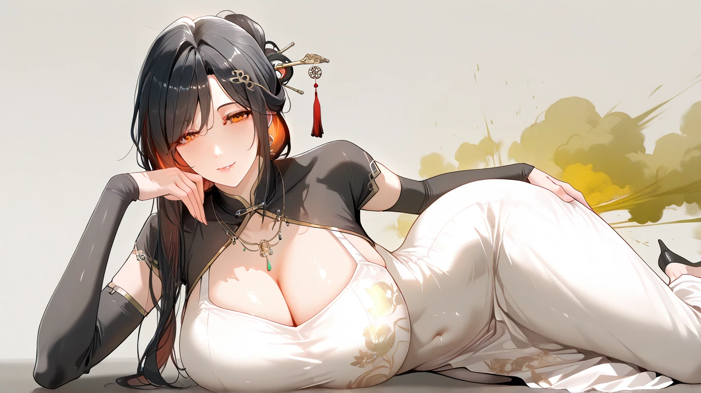 (anime moe style)),((game CG)),(masterpiece),(highest quality), (Super detailed),shape,((very delicate and beautiful)),　, very shy look,looking at the viewer,(((18 years old female)),((whole body)),detailed face and eyes,eyes like jewels,(loosely braided long hair),,,(super huge breasts,long and slightly saggy breasts）　Overall image　Black hair and dark eyes　　　　plump body　　　　 Durable slave collar, pregnant woman with big belly, gorgeous cow patterned outfit, elegant cow patterned outfit, provocative pose, holding gorgeous fan