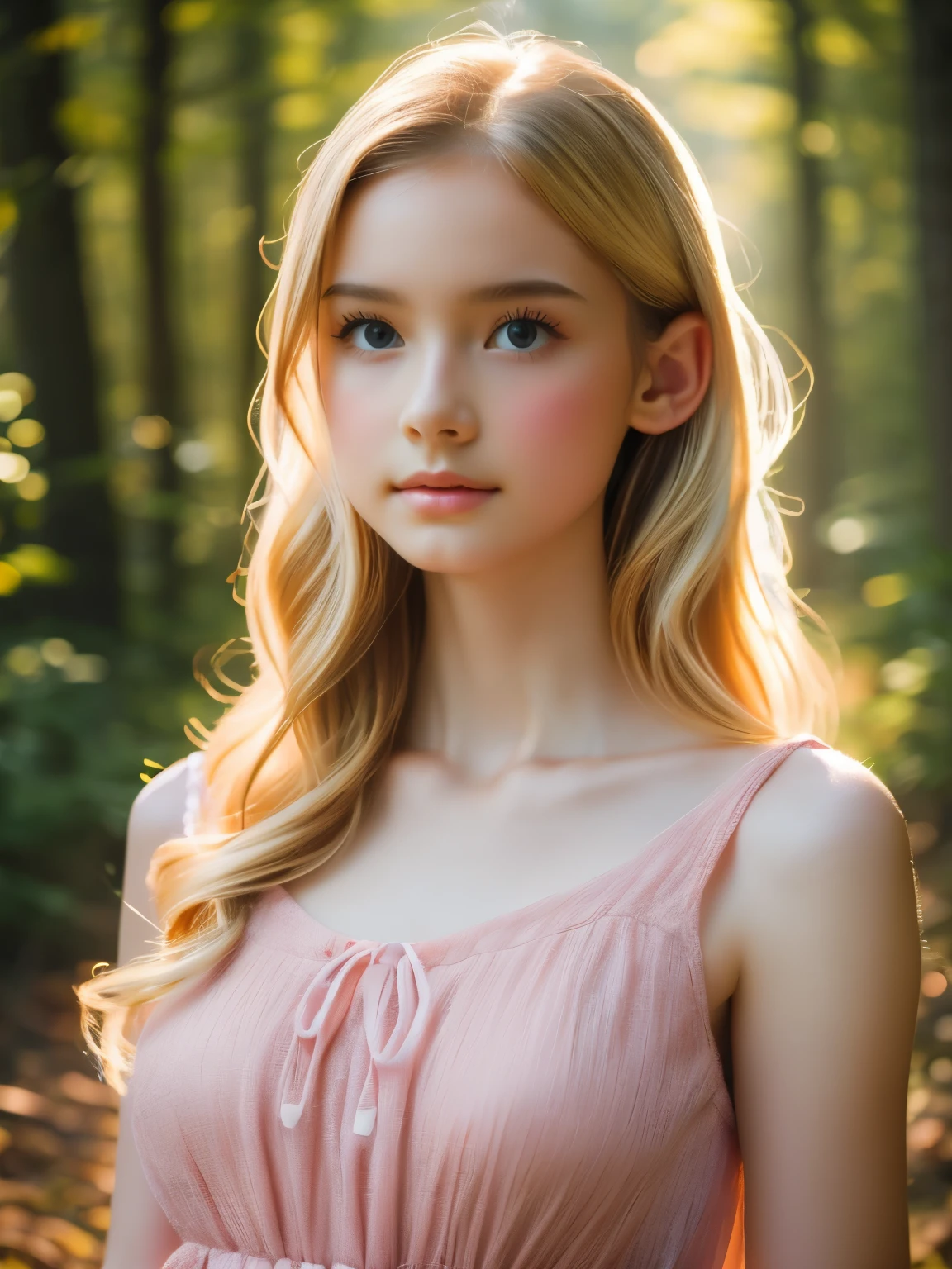 (8k), (masterpiece), (best quality), (super details), (award winning), (realistic), lens flare, glowing light, woman in a pink dress standing in the woods, (photography), modeling shoot, beautiful girl, (beautiful face:0.8), slender blonde girl, fashion photography portrait, pale skin curly blond hair