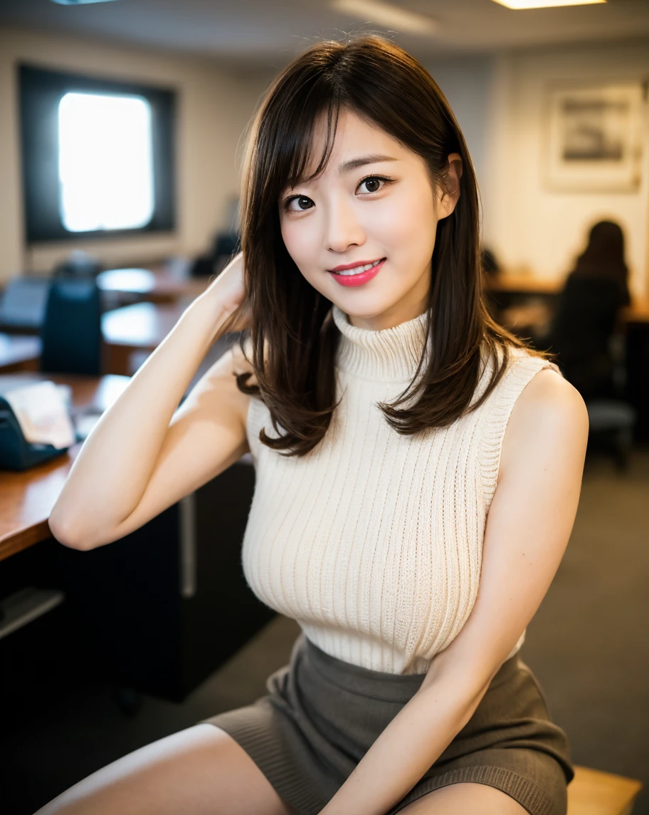 highest quality, masterpiece, High resolution, 1 girl, beautiful and perfect face, bob layer cut, sleeveless turtleneck knit, mini skirt, clean underarms, intricate details, movie-like atmosphere, 8K, very detailed, big, office hot tub, Natural light, big breast bulge, smile, crawl on all fours, crawl on all foursで, look up, looking down angle, upright, squat, Employee Number, Staff ID Card, crawl on all foursで, from behind, from behind
