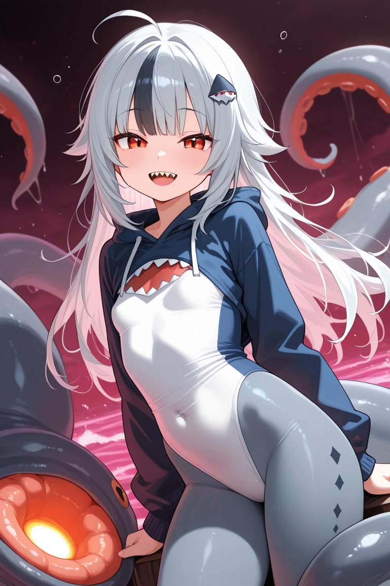 full body view, best quality, detailed drawn hands, realistic fingers), (masterpiece, sidelighting, finely detailed beautiful eyes: 1.2), ((Best quality)), ((masterpiece)), (highly detailed:1.3), anime, slime is dripping from girl's body, background is visible through girl's transparent upper body, translucent goo, transparent slime, standing, mermaid, white face color, covered in black goo, covered in white goo, young girl, loli slime girl, messy, half black and half white slime, small chest, head covered in white goo, extremely long hair, red eyes, hair between eyes, merged with goo, melting body, dripping with slime, half black body color, liquid body, white skin color, liquid hair, slime covered hair, white hair, masterpiece, clean image, high res, HD, high quality