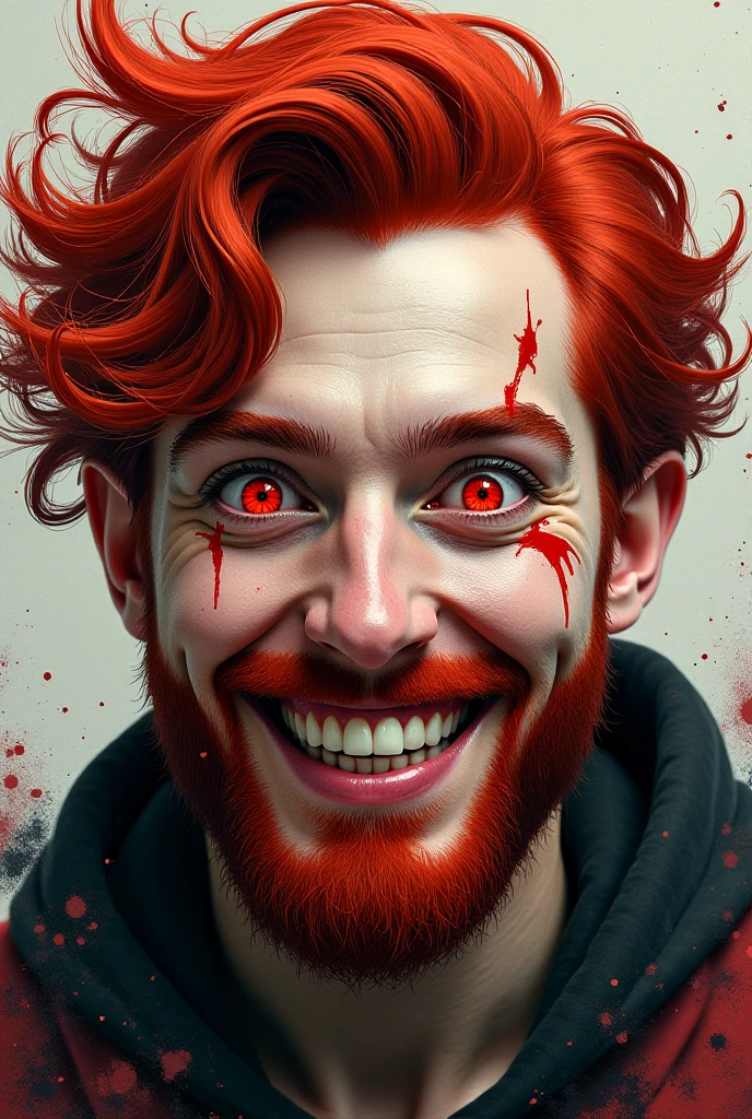 Young man of 25 years old with short and red hair, he has red eyes and wears glasses, he has extremely white skin and a light beard shaved to the chin. He wears a fancy red suit and has patent shoes. He has a scary smile. He has two unusually sharp canines. Face shows cruel air [Young man, 25 years old] [Red hair and course] [Red eyes] [Light beard shaved to chin] [Smile of vampire] [Cruel look] Medium shot 8K Photorealist style