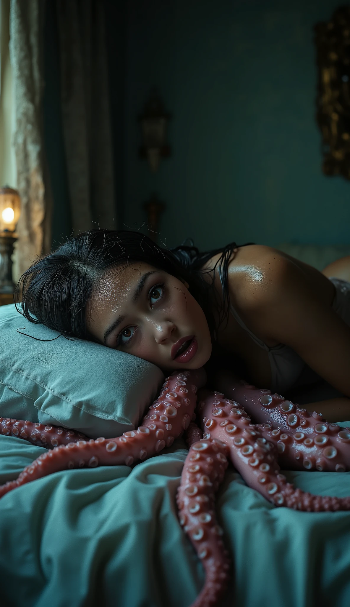 A terrified, realistic young woman lies frozen on a bed in a dark, claustrophobic bedroom. Her wide, tear-filled eyes stare up in pure panic, mouth slightly open as if caught in a silent scream. She wears a tank top and shorts, her body trembling, limbs tense. Dozens of wet, slimy octopus tentacles slowly slither across the bed sheets toward her from the shadows — some already wrapping around her ankles and wrists, pinning her down. The room is dimly lit by a single flickering lamp, casting harsh shadows on the walls. The tentacles glisten under the light, their suction cups twitching, the atmosphere thick with dread. Her hair is spread chaotically over the pillow, sweat on her forehead. The scene is hyper-detailed, photorealistic, with deep cinematic contrast — fear, helplessness, and unnatural horror fill every corner of the frame. 8K, dark thriller aesthetic.