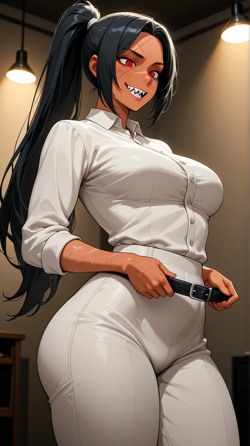 (masterpiece, best quality:1.2), 8k, woman, solo, tailor, long hair, brunette, looking at viewer, smile, shy, big tits, cleavage, white shirt, black skirt, measuring tape