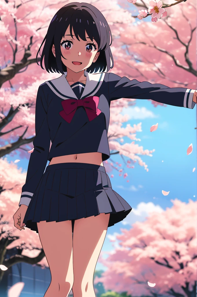 shinkai makoto, kimi no na wa., 1girl, bangs, black hair, blush, brown eyes, shiny skin, red headband, red bow, red ribbon, turquoise sailor collar, turquoise sailor color, turquoise skirt, plaid skirt, short hair, smile, cute, solo, happy, open mouth, :D. beautiful, looking at the viewer, short sleeves, earrings, cherry_blossoms, falling_petals, petals, branch, pink_flower, blue_sky, sunlight, spring_season, wind, tree