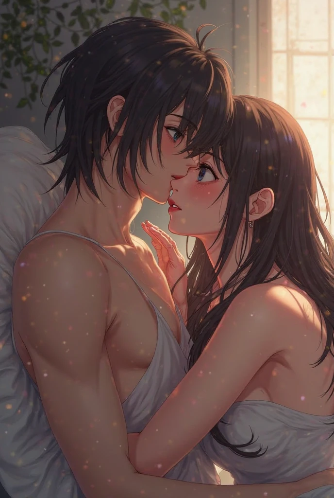 On a warm summer day, a couple gazes at the night sky from the window of their quaint cottage. Above them, the stars twinkle like diamonds against the inky backdrop, casting a soft glow over the lovers' faces. The scene is captured in a stunning painting, where the amorous pair's silhouettes are illuminated by the moonlight filtering through the sheer curtains. The artist has expertly portrayed the tranquil scene with exquisite detail, capturing the delicate interplay of light and shadow to evoke a sense of romance and serenity. This image is a masterpiece, a visual symphony of love and nature that transports the viewer to a world of beauty and tranquility.
