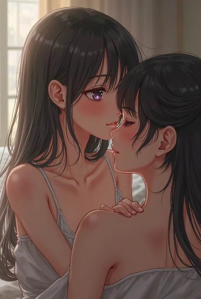 Five sexy black hair red eyes girls naked kissing each other