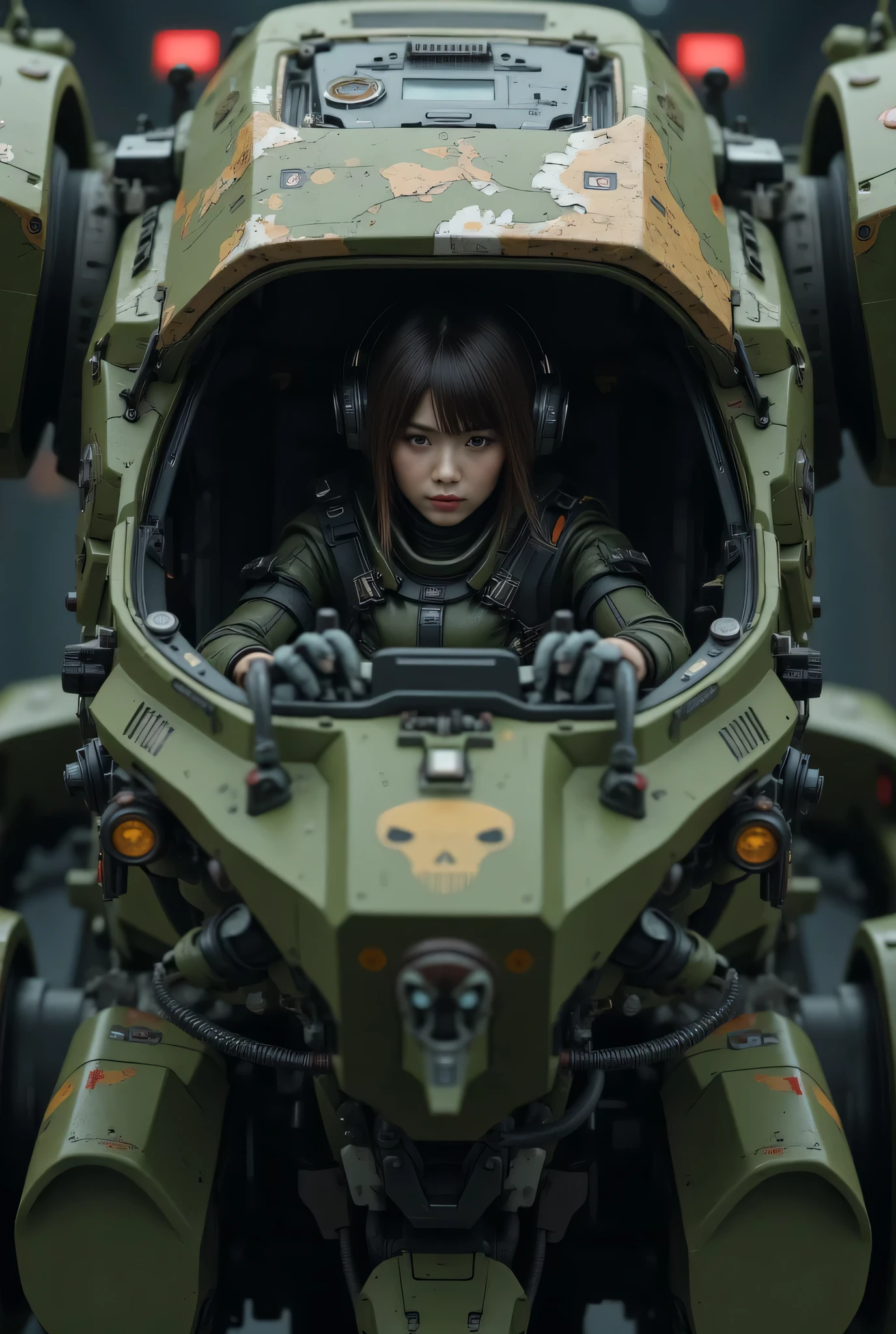 8k,Realistic Skin Texture、Superrealism、Realistic Photo、Near-future軍所属の日系女性パイロットが大型ロボットのコックピットに乗っている、Damaged moss green battle armor robot、Skull mark painted on armor、Near-future、Painting of the unit and identification number、Peeling paint、Oil stains、Detailed Description、Dynamic pose、Armored Core