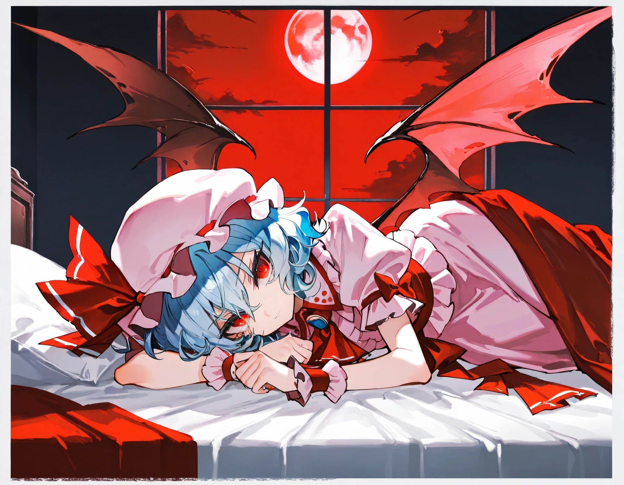 (yoneyama mai:0.4), (mika pikazo:0.4), (rei \(sanbonzakura\):0.4), (quasarcake:0.4), 
(best quality, highest quality:1.2), masterpiece, top quality, ultra high definition, rich contrasts, HD, 8k, High Definition CG Unit Wallpaper, texture, Unbelievably Absurd, ultra high definition, RAW photos, Deep border:1.2, very detailed,
1girl, solo, Diabolical, newest, highres, absurdres, highly detailed, best quality, lying, bed room,
Anime Girls, blue hair, dress, frills, hat, hat ribbon, mob cap, pink dress, puffy sleeves, red ascot, red eyes, red sash, remilia scarlet, ribbon, sash, short hair, short sleeves, white dress, wings, wrist cuffs,
red full moon, night sky, night, red moonlight, red curtain, window, indoor,
