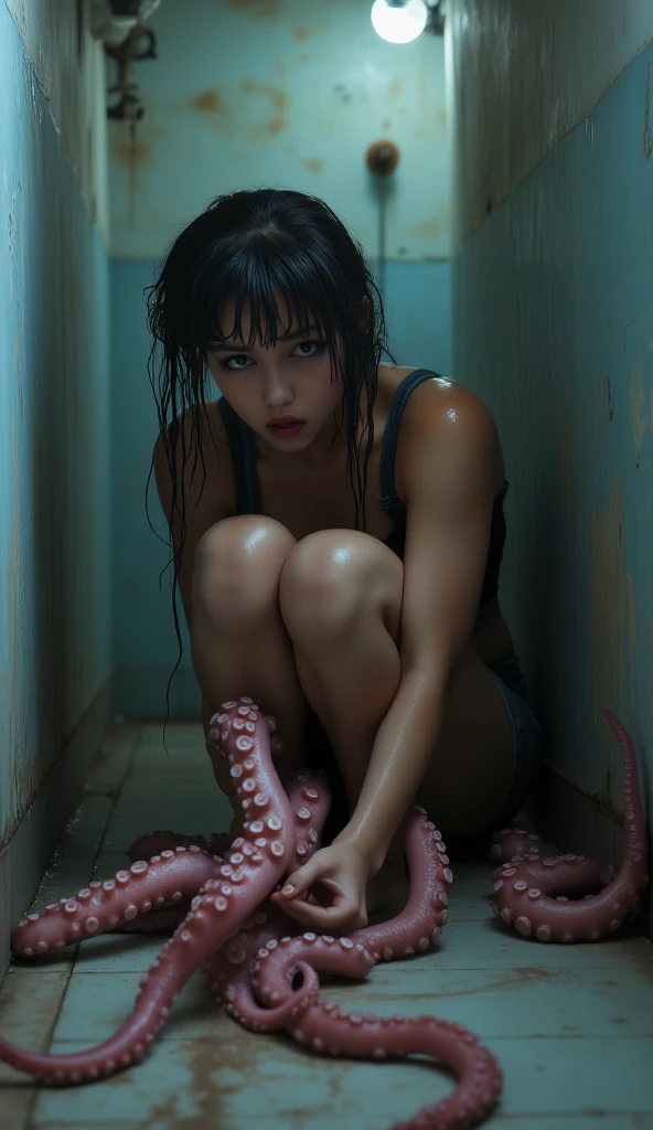 A realistic young woman sits frozen in the corner of a small, dimly lit room, knees pulled to her chest on a cold tiled floor. Her back is against the wall, and her face is pale with pure terror — eyes wide, lips trembling, as she watches massive, slimy octopus tentacles creep slowly across the floor toward her. The tentacles are wet, covered in suction cups, and move with eerie silence, their ends twitching and curling like they can smell her fear. One has already reached her ankle, coiling gently around it. Her breath is visible in the cold air, her hair messy, her tank top soaked in sweat. The only light comes from a flickering hallway bulb, casting long, moving shadows. The scene is tense and suffocating — horror frozen in time. Ultra-detailed, photorealistic, cinematic horror style, 8K, dark thriller atmosphere.