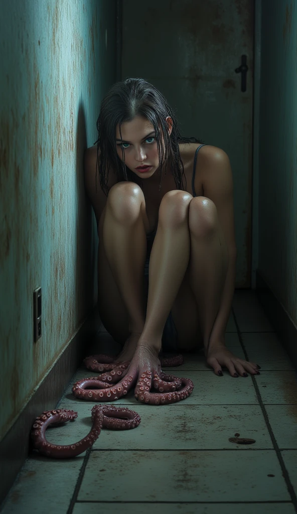A realistic young woman sits frozen in the corner of a small, dimly lit room, knees pulled to her chest on a cold tiled floor. Her back is against the wall, and her face is pale with pure terror — eyes wide, lips trembling, as she watches massive, slimy octopus tentacles creep slowly across the floor toward her. The tentacles are wet, covered in suction cups, and move with eerie silence, their ends twitching and curling like they can smell her fear. One has already reached her ankle, coiling gently around it. Her breath is visible in the cold air, her hair messy, her tank top soaked in sweat. The only light comes from a flickering hallway bulb, casting long, moving shadows. The scene is tense and suffocating — horror frozen in time. Ultra-detailed, photorealistic, cinematic horror style, 8K, dark thriller atmosphere.