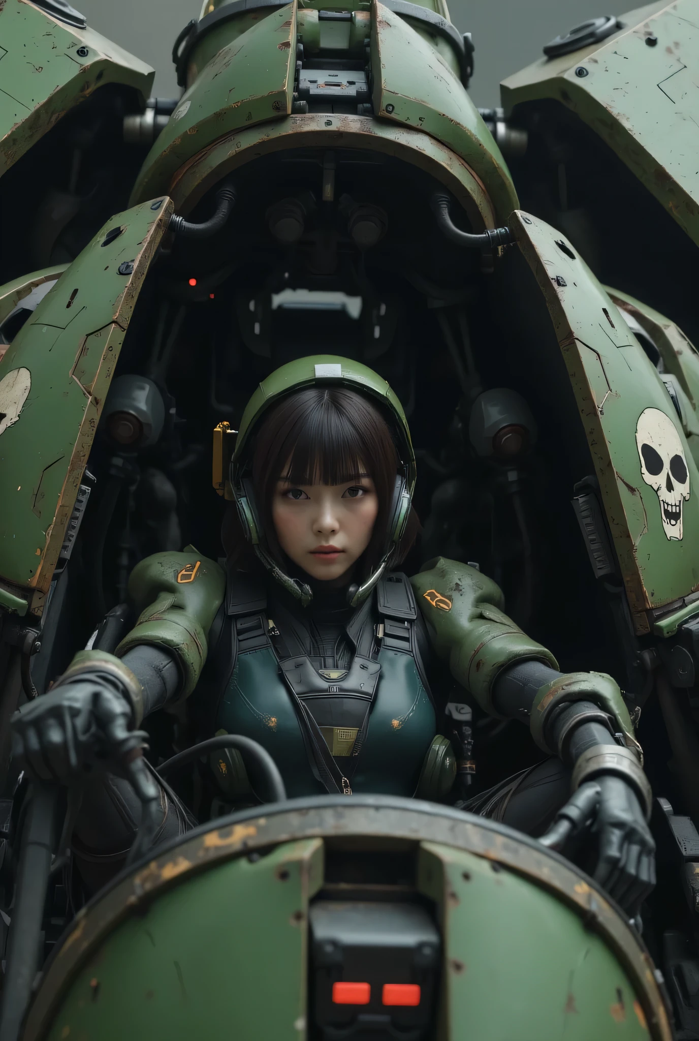 
８ｋ,Realistic Skin Texture、Superrealism、Realistic Photo、Near-future軍所属の日系女性パイロットが大型ロボットのコックピットに乗っている、Damaged moss green battle armor robot、Skull mark painted on armor、Near-future、Painting of the unit and identification number、Peeling paint、Oil stains、Detailed Description、Dynamic pose、Armored Core