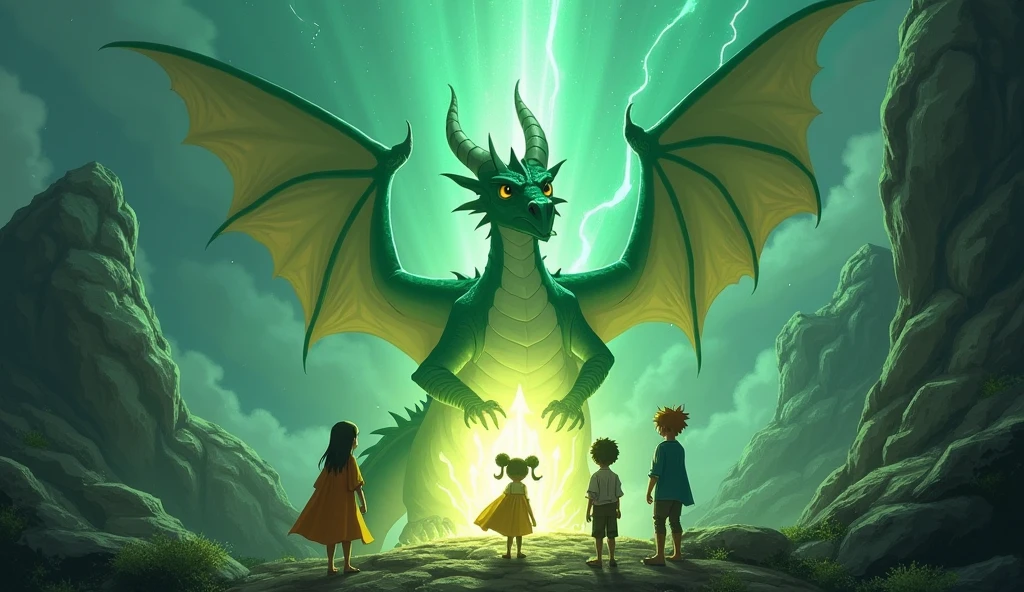 A group of 5 children (A spirited young girl from the Sunstone Tribe, A calm and wise boy from the Moonshadow Clan, A young girl from the Sky wind Nomads, who can communicate with animals, A young boy from the Earthbound Village, known for his strength and connection to the earth. A young girl with a physical disability from the Starflower Meadows, who uses her inventive mind and a magical wheelchair to navigate the world). 4 children stood with one young girl in a wheelchair before the massive fire dragon, with the brilliant Flame Crystal glowing in the background, demonstrating their bravery and teamwork.