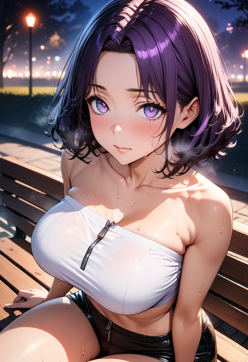 1girl, purple hair, blue eyes, short hair, wavy hair, beautiful, 1boy, penis, paizuri, pov, in the classroom, breasts squeeze together, penis between the breasts, camisole, clothes lift, sweaty, cleavage, visible penis shaft, pubic hair, wet penis, cute tongue, cute stepsister, ;p, balcony, perspective background