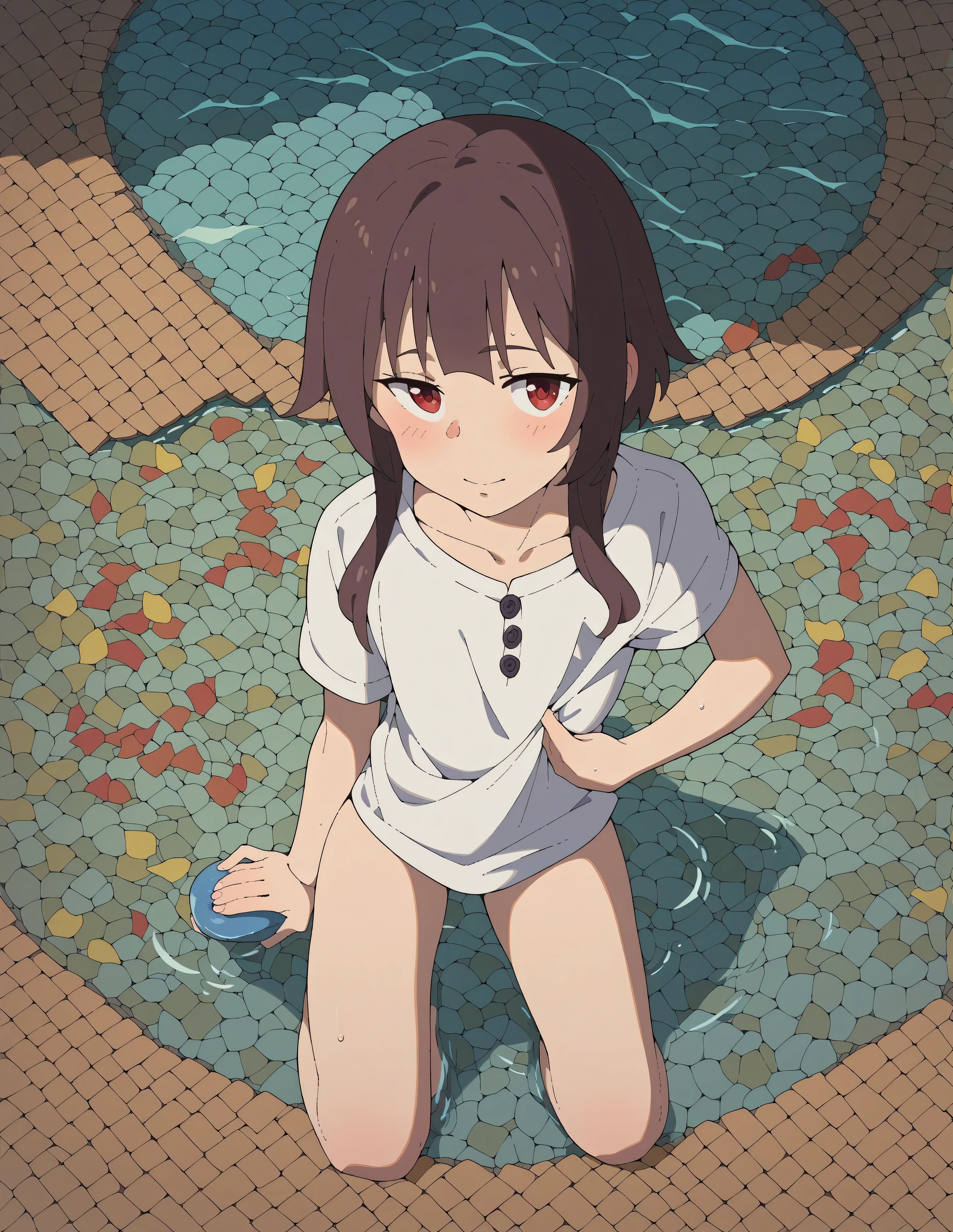 tideland、Black T-shirt、Black Swimsuit、The buttocks are digging in、Short black hair、Thighs、Girl、Girl、Short、Younger、Lower school year、Baby Face、Both eyes open、flat chest、smile、Dynamic Angle、Beach、My feet are covered in mud、There's mud on my face、sunlight、masterpiece、best quality、ultra-detail