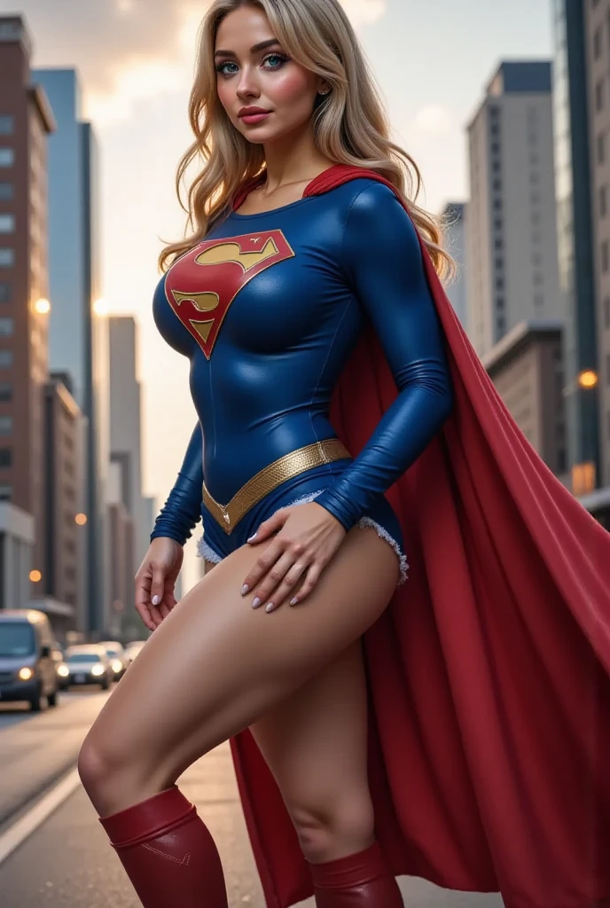 Supergirl milf loira plus size, corpo inteiro plus size, Perfect hand details, flying through the sky, Background city destroyed, Fantasia Sexy Supergirl bodysuit, mostrando as pernas, micro calcinha vermelha cavada, top azul, top decotado, barriga saliente, visible whole body, blonde hair, Flowing long red cape, Background of an apocalyptic destroyed city, daytime period, lifelike lighting, Perfect hand details, realistic medium breasts, decote, barriga saliente, seios coberto, roupa colada.