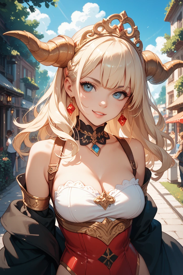 blonde hair demon girl, small girl, one girl, maid dress, gold crown on her head, face on camera, tight shirt, show large chest, dark isekai, shy girl, pitiful face, face forward to camera, asking pose, pink cheeks, half body, body on iron chain, smile, amber eyes, no nails, pink blushes, lying on grass, very big breast, cleavage, sweat breast, leg_up, anime style 4 k, extremely detailed artgerm, demon anime girl, shiny skin, sweat, sweat body, neck collar iron chain, make sure wearing pants, crown, demon horn, maid costume
