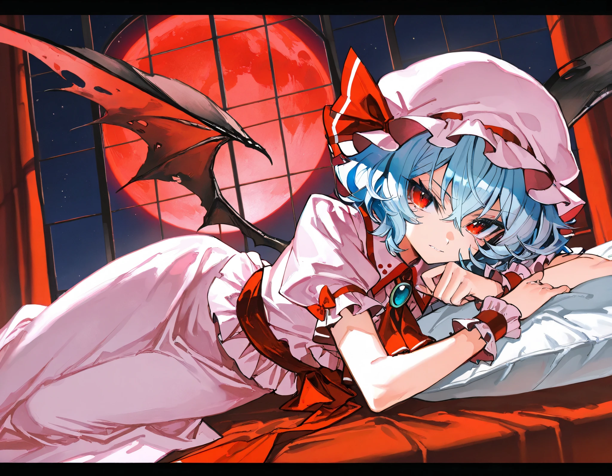 (yoneyama mai:0.4), (mika pikazo:0.4), (rei \(sanbonzakura\):0.4), (quasarcake:0.4),
(best quality, highest quality:1.2), masterpiece, top quality, ultra high definition, rich contrasts, HD, 8k, High Definition CG Unit Wallpaper, texture, Unbelievably Absurd, ultra high definition, RAW photos, Deep border:1.2, very detailed,
1girl, solo, Diabolical, newest, highres, absurdres, highly detailed, best quality, lying, bed room,
Anime Girls, blue hair, dress, frills, hat, hat ribbon, mob cap, pink dress, puffy sleeves, red ascot, red eyes, red sash, remilia scarlet, ribbon, sash, short hair, short sleeves, white dress, wings, wrist cuffs,
red full moon, night sky, night, red moonlight, red curtain, window, indoor,
