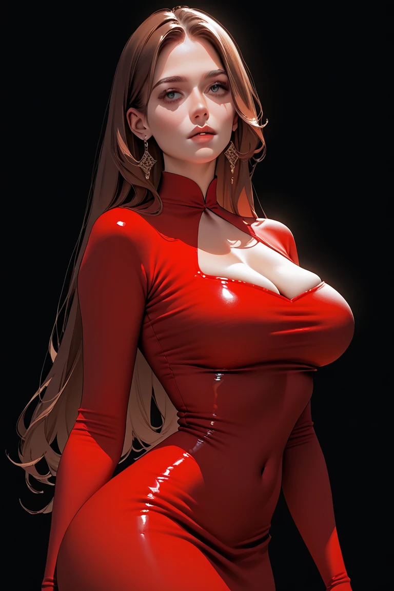 (full_body)、Woman、red_background、(big_breasts:1.5)、Detailed、POP、vivid、pose:1.2、Open chest、idol