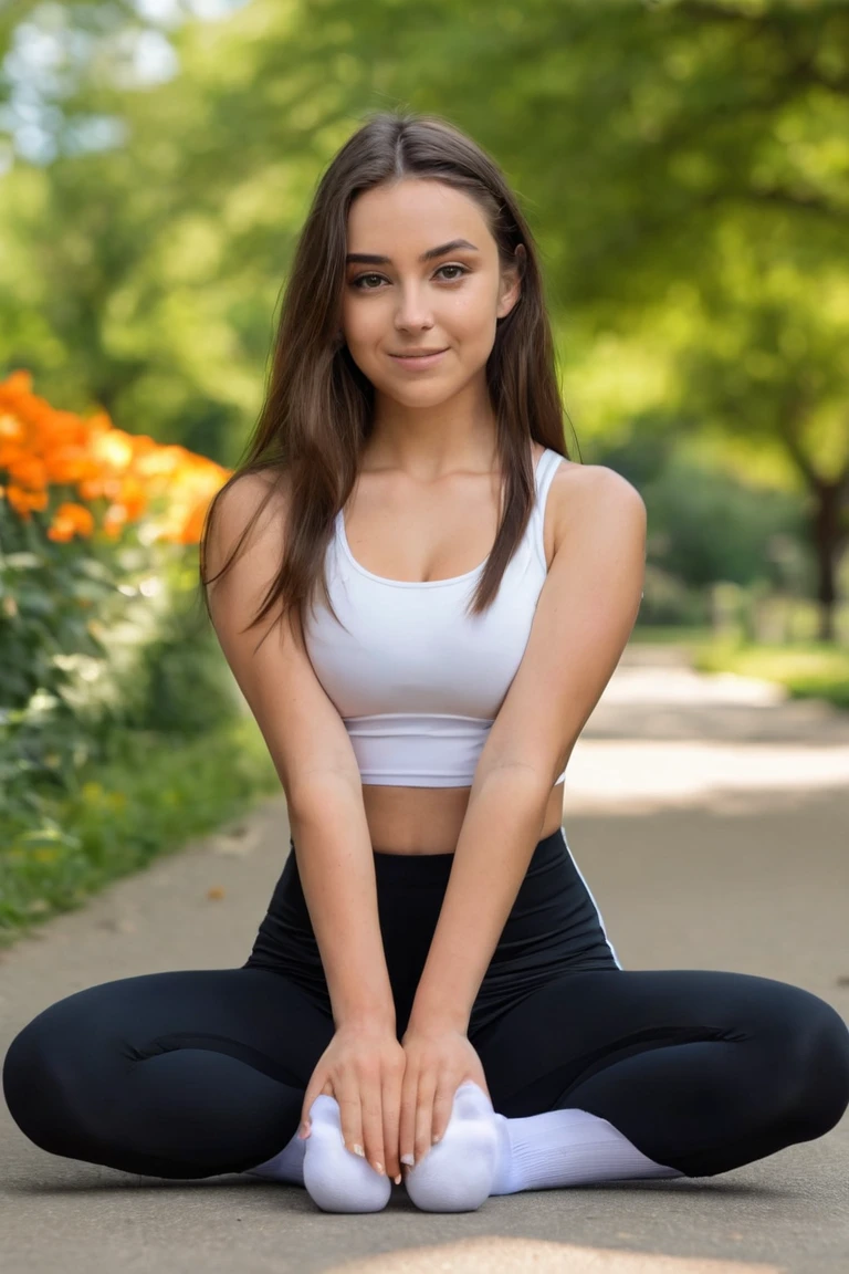 Emily, 22-year-old girl with light brown hair, real life, photo pleine longueur, she wears a floral miniskirt and black pantyhose, white sport shoes, Emily is crouching in the grass