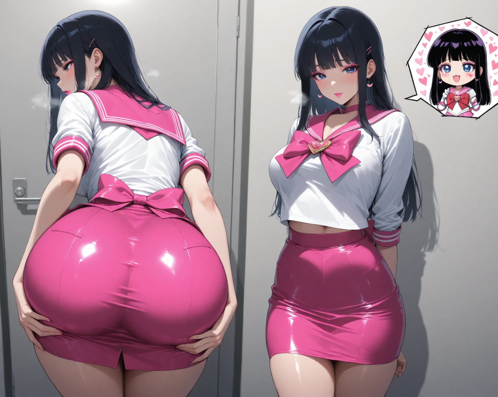 {{{masterpiece}}},{{{best quality}}}, nami robin, (gigantic breasts), (curvy:1.5), (blurry) , (depth of field), (blurry foreground), (blurry background), (1girl), (motion blur), (rating:safe), (photo \(medium\)), (big ass), (looking back), (from_behind), ass, breasts, 1girl, looking_back, looking_at_viewer, black_hair, shiny, pantyhose, thighs, skirt, blush, long_hair, shiny_skin, huge_ass, rating:questionable, bangs, indoors, thick_thighs, lips, underwear, large_breasts, panties, parted_lips, curvy, black_legwear, shirt, smile, dress_shirt, mature, white_shirt, solo, clock, huge_breasts, bottle, shiny_hair, <lora:Art_Rem9:1> <lora:Gigantic_mix_beta:0.4> <lora:Gigantic_breasts:0.4>