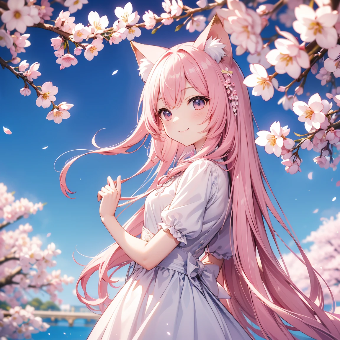 Cat with pink ribbon、Pink Hair、Pink Eyes、White clothes、smile、Happy、