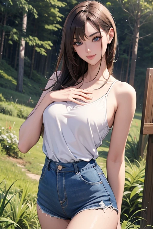4k, June scenery, Beautiful  woman, long hair, brown hair, medium breasts, blue eyes, transparent clear shirt open revealing breasts,  wisps of public hair, looking at viewer,