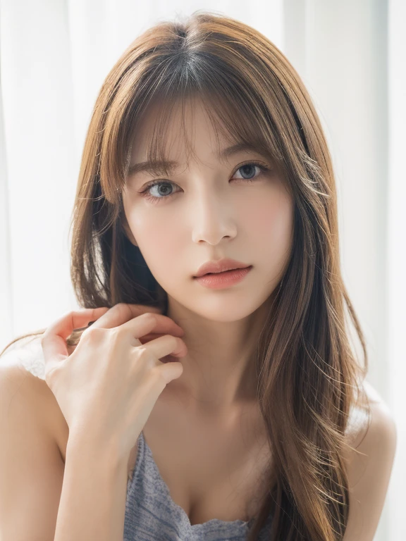 1 female, close up of face, Medium chest, light brown hair, dull bangs, hair behind the ear, shoulder hair, long hair, slender body shape, Extra-fine face, thin face, delicate lips, beautiful eyes, light blush, eyes are light brown, perfect shiny skin, perfect skin, Shining sweat,take a look here, ultra thin hands, extra thin fingers, Optimal ratio of 4 fingers and 1 thumb, (realistic:1.3), finger extension, see-through white blouse, The rotor is inside the vagina, ecstasy face, climax expression, View viewer, ((I can not stand it:1.5)), fujifilm, f/1.2, 8K, table top, nffsw, Super detailed, high quality, 最high quality, High resolution,