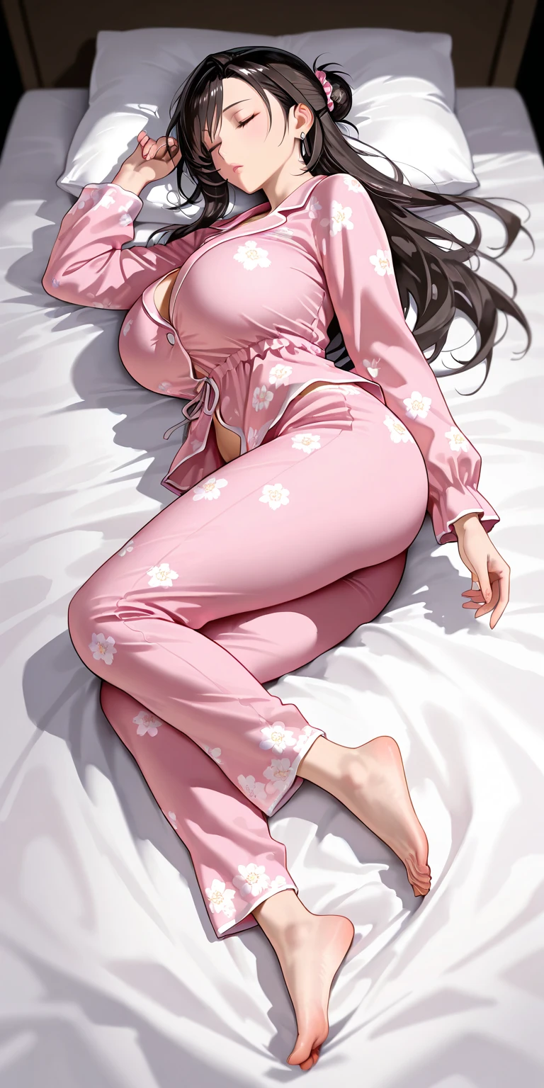 20 years old,1 mature woman,hyperrealistic, 8k, (extremely detailed 8k), (very delicate and beautiful), (masterpiece), (better quality:1.0), (ultra high resolution:1.0), (masterpiece, best quality),cute,black hair,cowboy shot,white background,realistic skin,lie on own stomach,big breasts,sleepy,hair over one eye,black nail,extra long hair,messy hair,pajamas