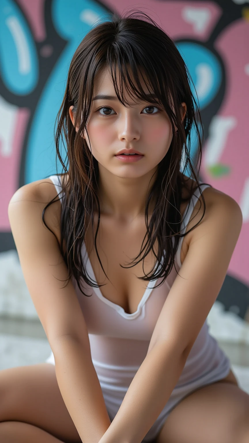 Best quality, masterpiece, ultra high res, (photorealistic:1.4), raw photo, 1girl, DARK hair, shiny skin, WET BODY, dramatic lighting, full body, bitch, micro bikini, huge breasts
