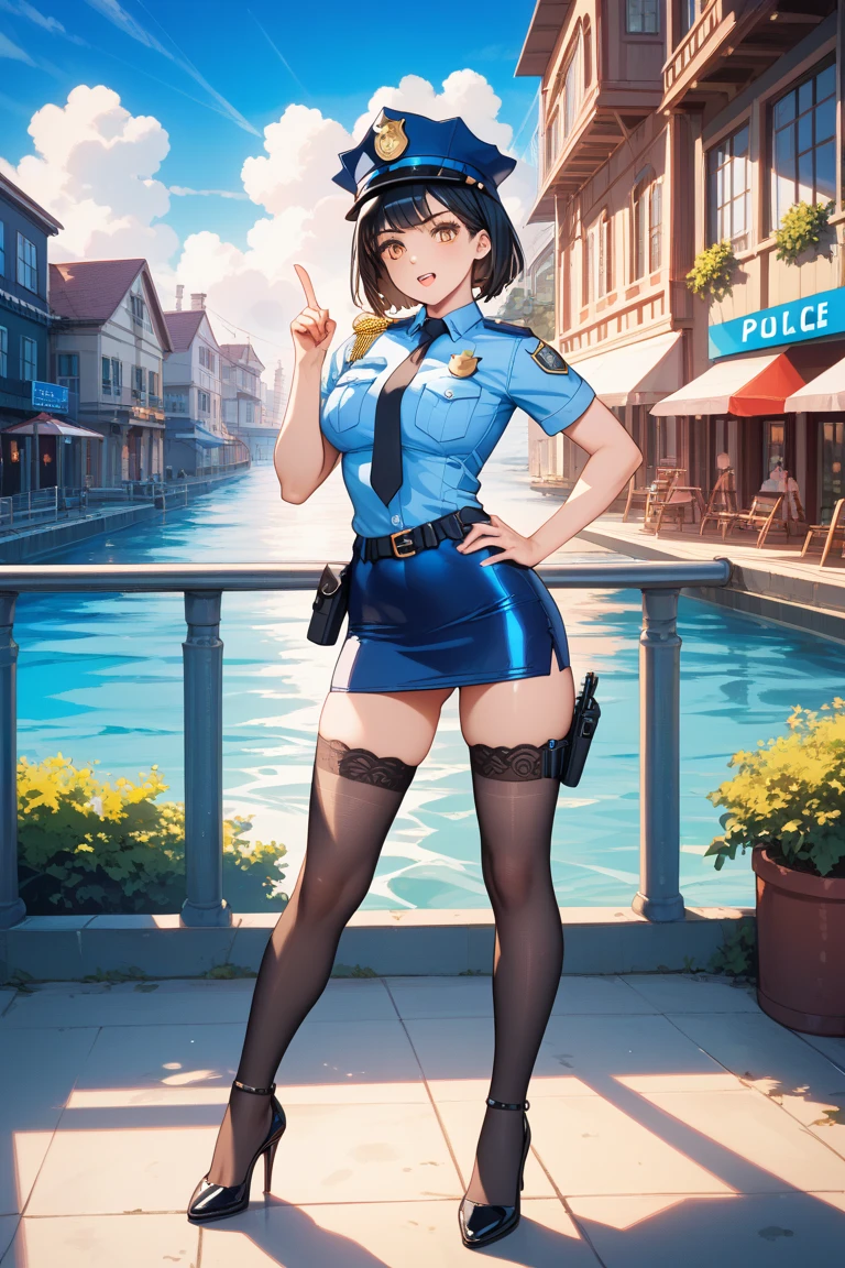 <lora:nakajima-20:1>retro artstyle, 1girl, police uniform, cleavage, miniskirt, sunglasses, road, roadsign, masterpiece, best quality