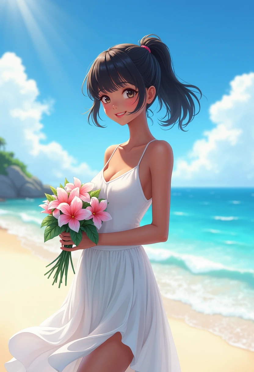 highest quality、Realistic、girl、zoom、Turquoise eyes、short hair、Wedding dress、Bridal Lingerie、Tanned black body、Brown black skin、slender、Dark Skin、smile、Summer Sea、Bust Shot、