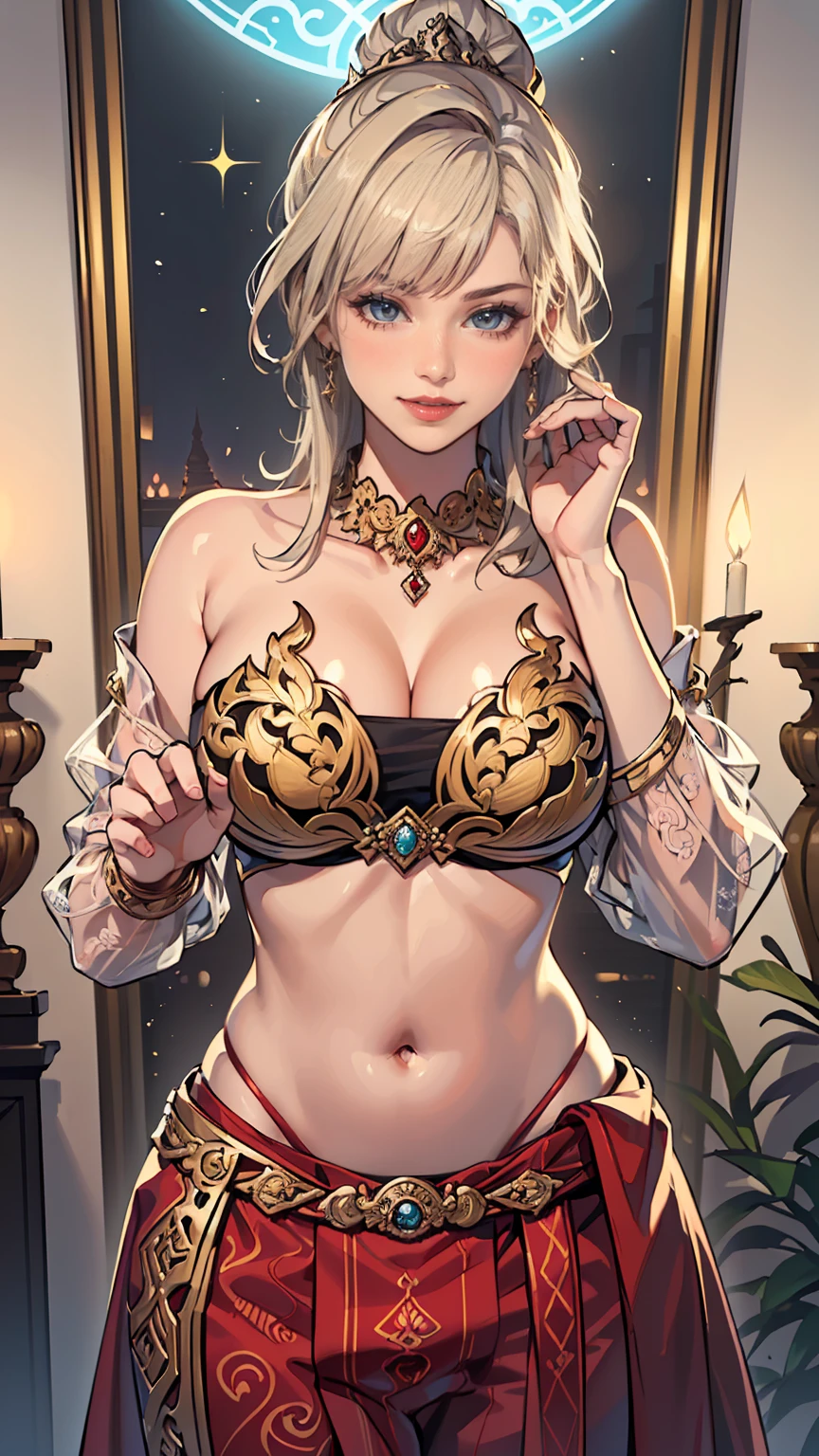 A 23-year-old white woman with unparalleled beauty、blue eyes、Platinum Blonde、Pale skin、Hair is wavy、long hair、The ends of the hair are curled upwards、smile、She is wearing a sexy red belly dance dress、Dancing belly dance、Exquisite Art Nouveau background、The navel is sticking out、My abs are ripped、A slender yet well-proportioned body、Photorealistic images、8K quality、My chest is popping out、I want my head to stay off screen、Wearing accessories on the wrist、Wearing red nail polish