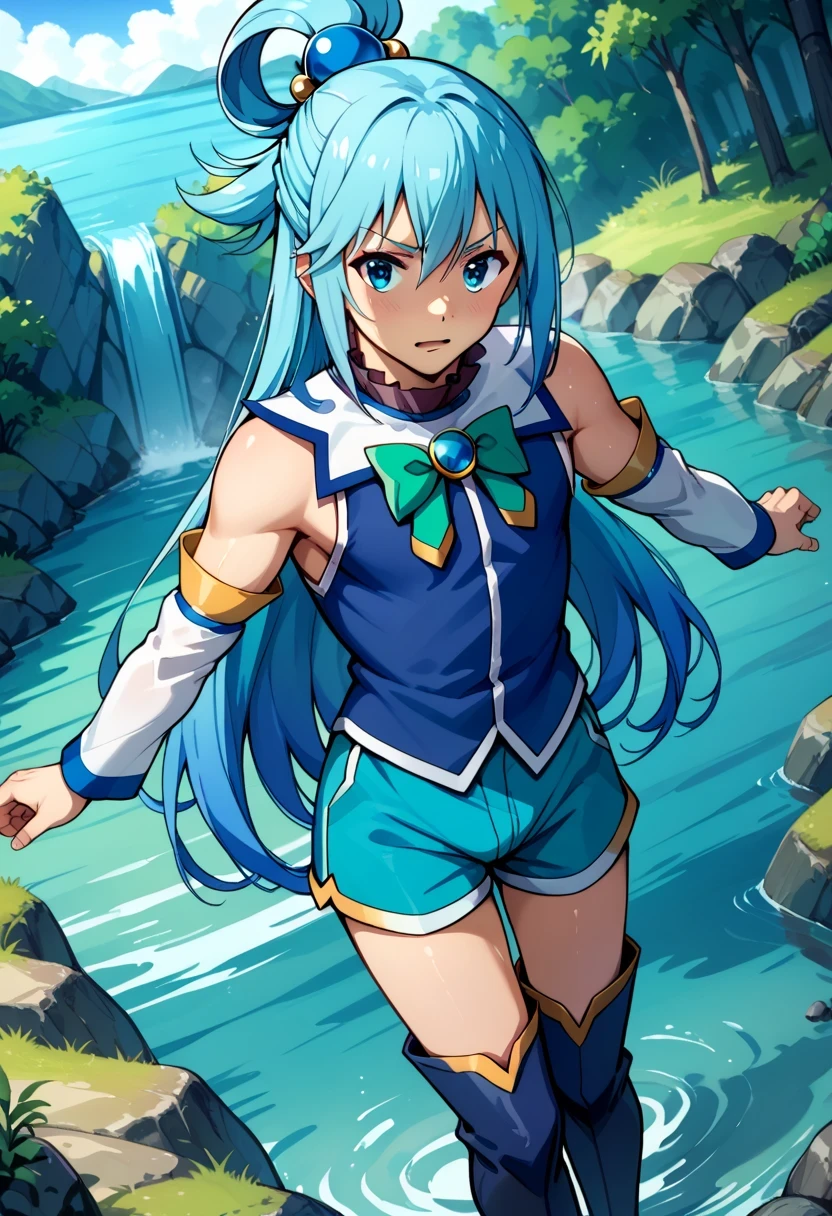 score 9 、score 8 up、score 7 up、source anime、masterpiece、top quality、high definition、1boy、konosuba、aqua /(konosuba/)、I'm conceited、 male focus、solo、(male:1.45)、(male body:1.45)、Blue Hair、long hair、blue eyes、Hair ornamemt 、hair rings、blue shirt、green bow、beautiful boy、cute boy、white thighhighs、blue knee boots、white detached sleeves、blue shorts、blue miniskirt from above poat、aqua (konosuba)、genderswap (female to male)、cowboy shot、looking at viewer、dutch angle、water、Outdoors、river、rock、waterfall、red riding dress、