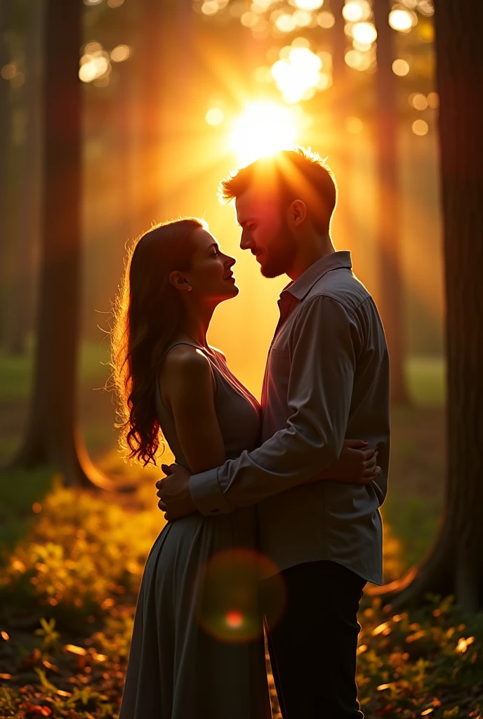 A man with his wife lips kiss and both ar standing in park, cenematic lights, ultra realistic, hd smooth, hd