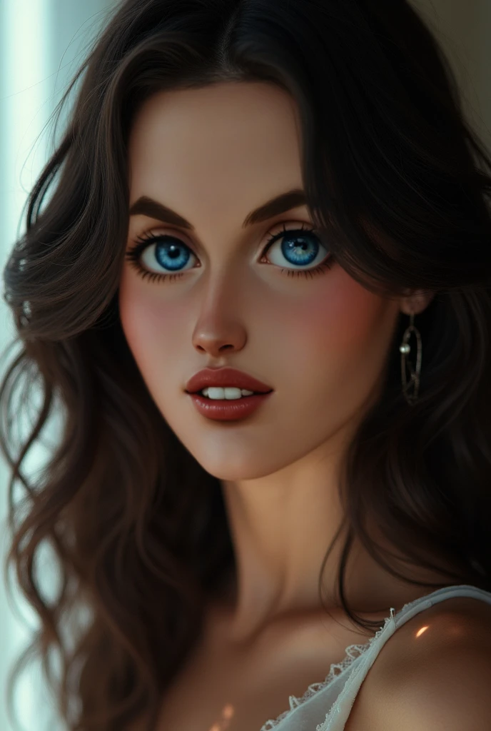 Beautiful young adult woman Pokémon Trainer with long curly brown hair; wearing white and blue sweater; epics; fantasia.