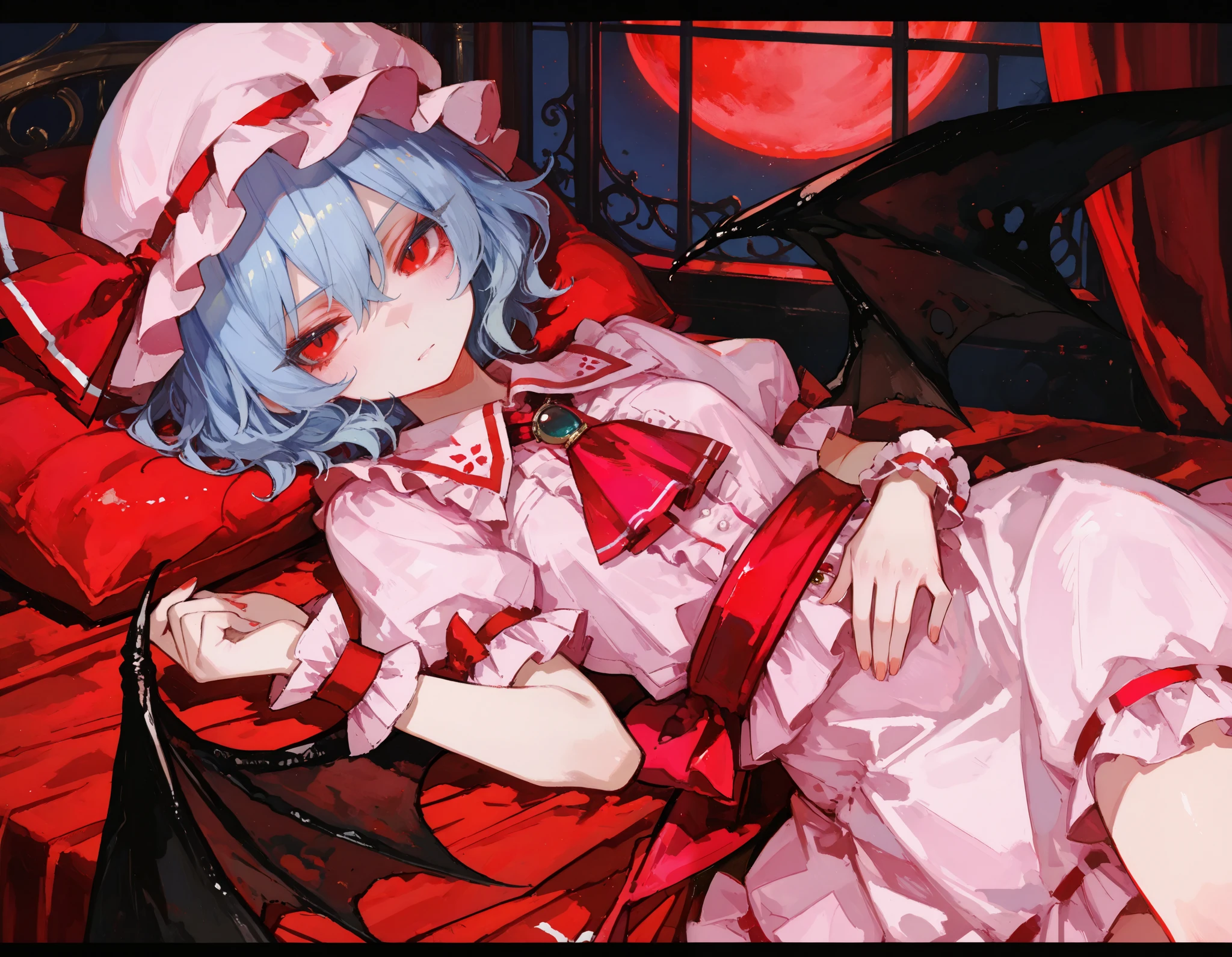 (yoneyama mai:0.4), (mika pikazo:0.4), (rei \(sanbonzakura\):0.4), (quasarcake:0.4),
(best quality, highest quality:1.2), masterpiece, top quality, ultra high definition, rich contrasts, HD, 8k, High Definition CG Unit Wallpaper, texture, Unbelievably Absurd, ultra high definition, RAW photos, Deep border:1.2, very detailed,
1girl, solo, Diabolical, newest, highres, absurdres, highly detailed, best quality, lying, bed room,
Anime Girls, blue hair, dress, frills, hat, hat ribbon, mob cap, pink dress, puffy sleeves, red ascot, red eyes, red sash, remilia scarlet, ribbon, sash, short hair, short sleeves, white dress, wings, wrist cuffs,
red full moon, night sky, night, red moonlight, red curtain, window, indoor,