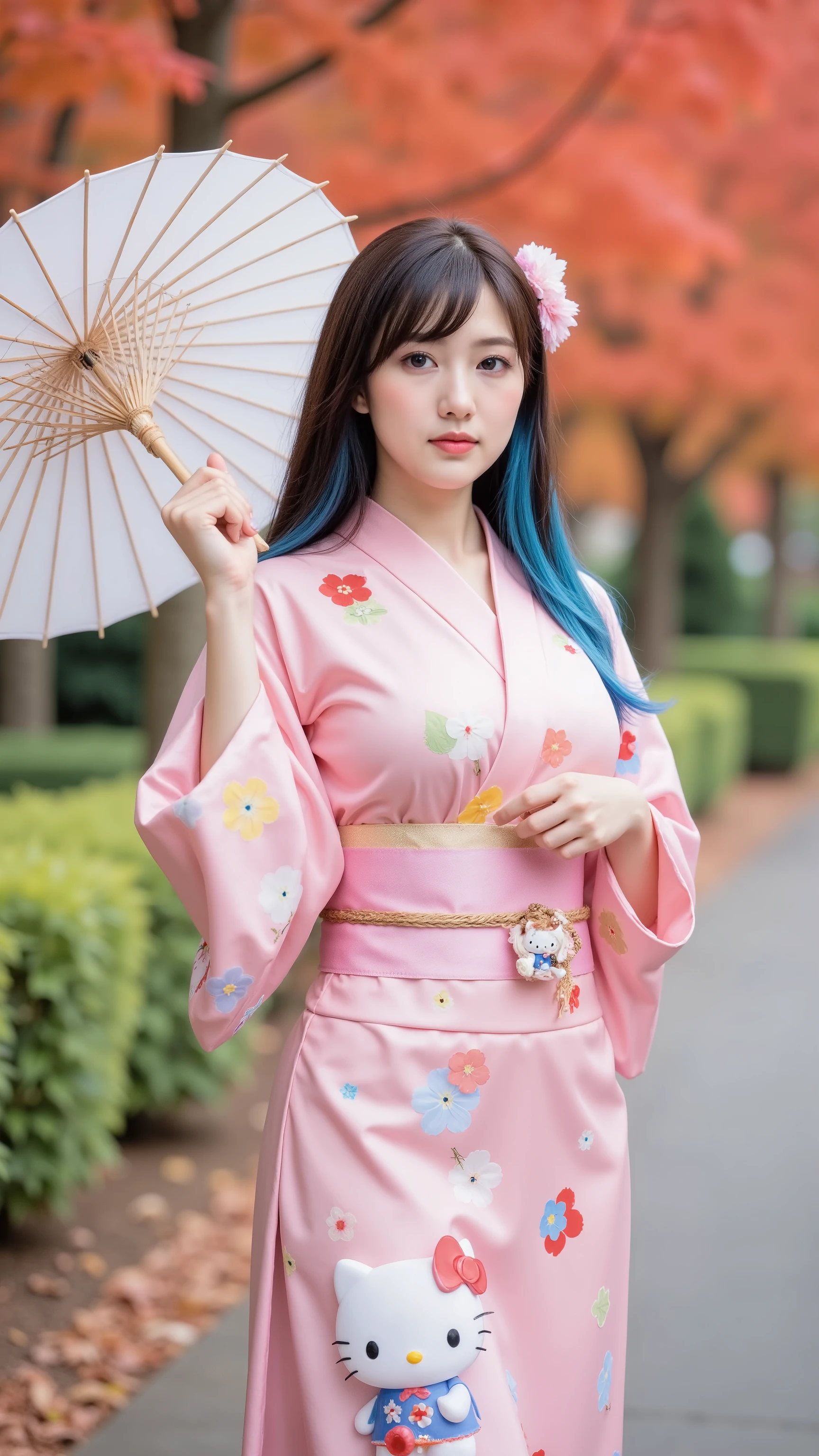 A beautiful young woman with long dark pink hair mixed with blue hair, (large breasts),sagging breasts,slender,skinny, A young woman stands gracefully in a traditional pink kimono adorned with colorful floral patterns. She holds a large, elegant white parasol, and her hair is styled in soft waves, accented with a delicate flower. A small Hello Kitty charm hangs from her obi belt. In the background, vibrant autumn foliage complements the serene outdoor setting."