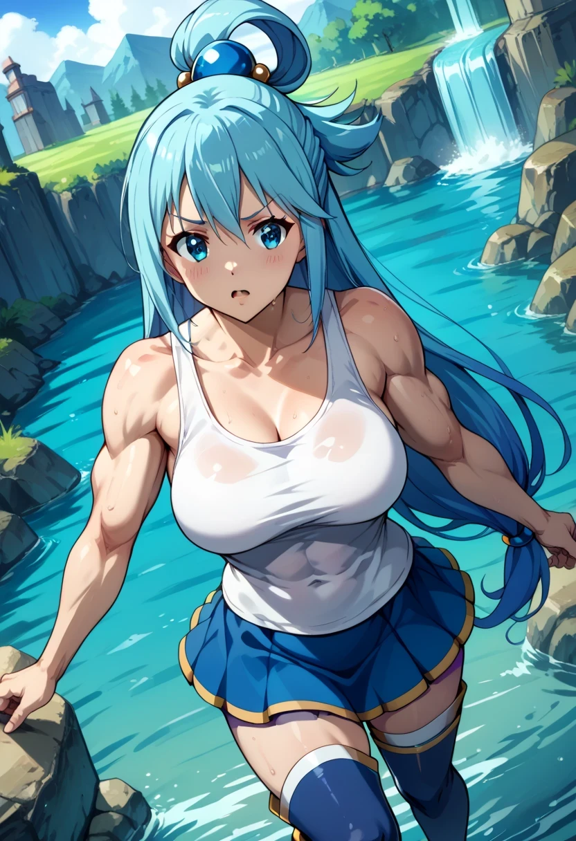 score 9 、score 8 up、score 7 up、source anime、masterpiece、top quality、high definition、1girl、konosuba、aqua /(konosuba/)、I'm conceited、woman's focus、solo、Blue Hair、long hair、blue eyes、Hair ornamemt 、hair rings、(Pure white tank top:1.5)、deltoids、anterior deltoids、middle deltoids、posterior deltoids、biceps、biceps longhead、biceps shorthead、triceps、triceps medialhead、triceps lateralhead、triceps longhead、brachioradialis 、covered gluteus、covered thigh muscles、skin tight tank top、Big Breasts、very large breasts、 Huge Muscles、Strong muscles、muscular woman、white thighhighs、blue knee boots、Bare shoulders、Bare Arms、blue miniskirt from above poat、aqua (konosuba)、(muscular female:1.5)、cowboy shot、looking at viewer、dutch angle、water、Outdoors、river、rock、waterfall、red riding dress、
