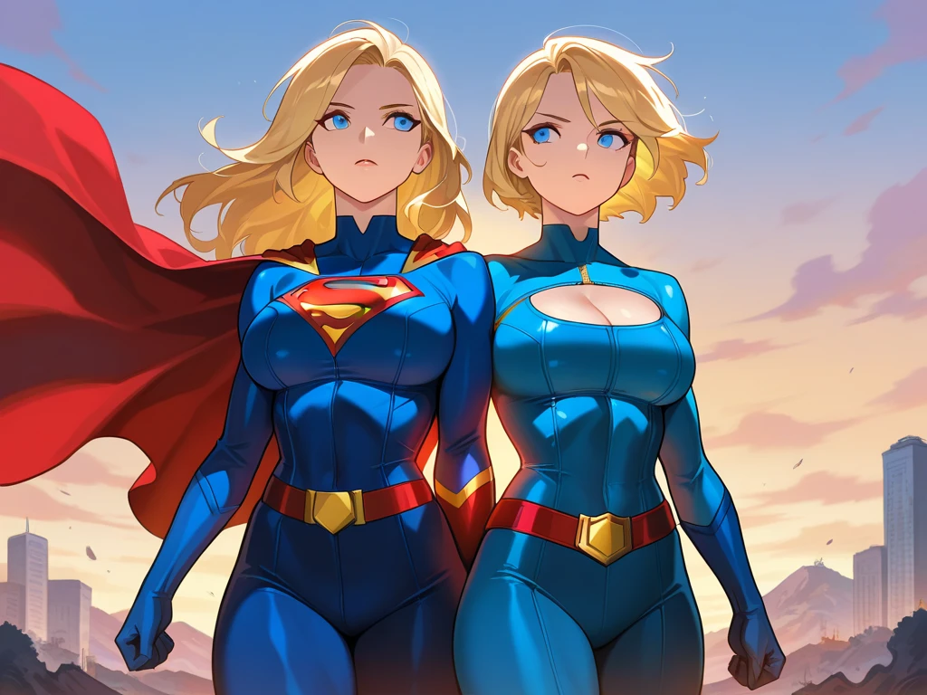 ((great detail)), (masterpiece), 2 people, twin brothers, 1 chico, 1 woman, youths, posing together, firmly, blonde hair, yellow eyes, pink lips, White skin, dressed in blue spandex superhero suits, with serious faces, in the middle of a battlefield, at daytime, 4k, HD