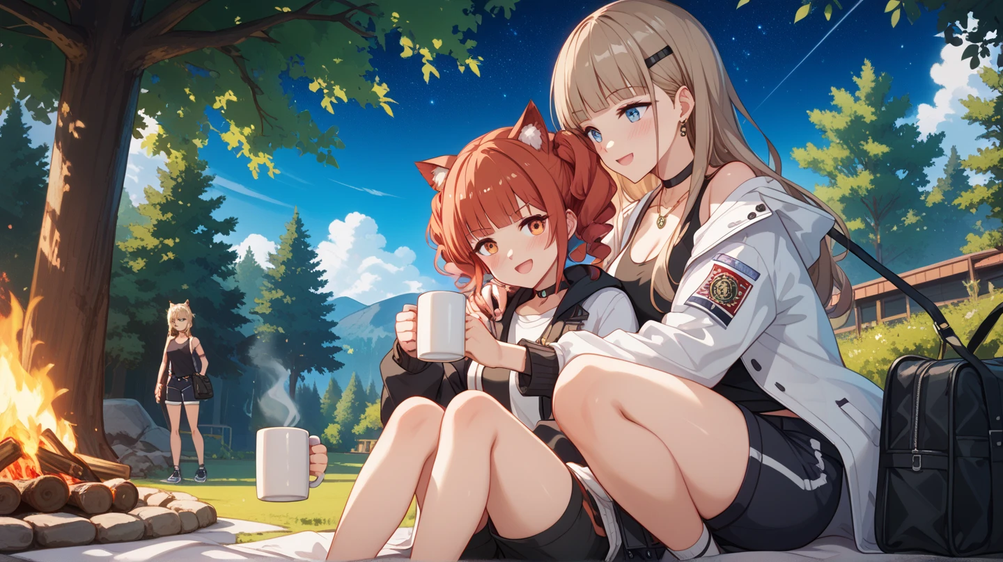 A woman is sitting next to a bonfire、The way to sit is gym sitting、I'm drinking coffee in a white mug while sitting、The woman is holding two white mugs、The woman is Angelina from Arknights、ARK KNIGHTS CHARACTER ANJUIN ANGELINA、 hair color is light brown、hairstyles with your head high、I'm carrying a large black Boston bag over my shoulder、Boston bag color is black、Clothes are black innerwear and black shorts、As for clothing, I'm wearing a large white coat over my inner layer、the size wrong, leave the front of the coat open、The black inner has an open neck and the skin is visible、Eye color is reddish orange、Height is 162 cm 、The race is Valpo, Beast Ears,image color is red,Camp under a dark starry sky、women are pointing at me and pointing only one mug at this point、Gesture like holding out a mug here、Her face has a slightly embarrassed expression、Chilling、Surrounding area is full of trees