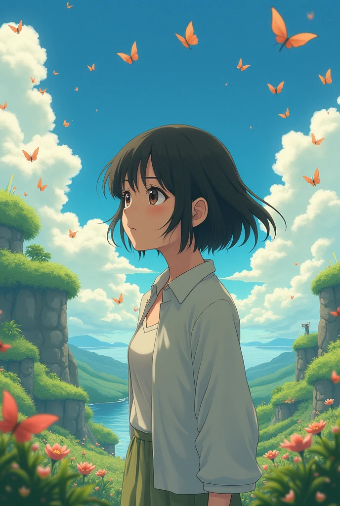 Makoto Shinkai, ((masterpiece), (highest quality), , anime, summer sky, fresh green, one, summer sky looking up directly overhead, summer, beautiful scenery, beautiful sun, magic hour, there is a little wind, perspective, transparent skin, from below, close-up at the front,