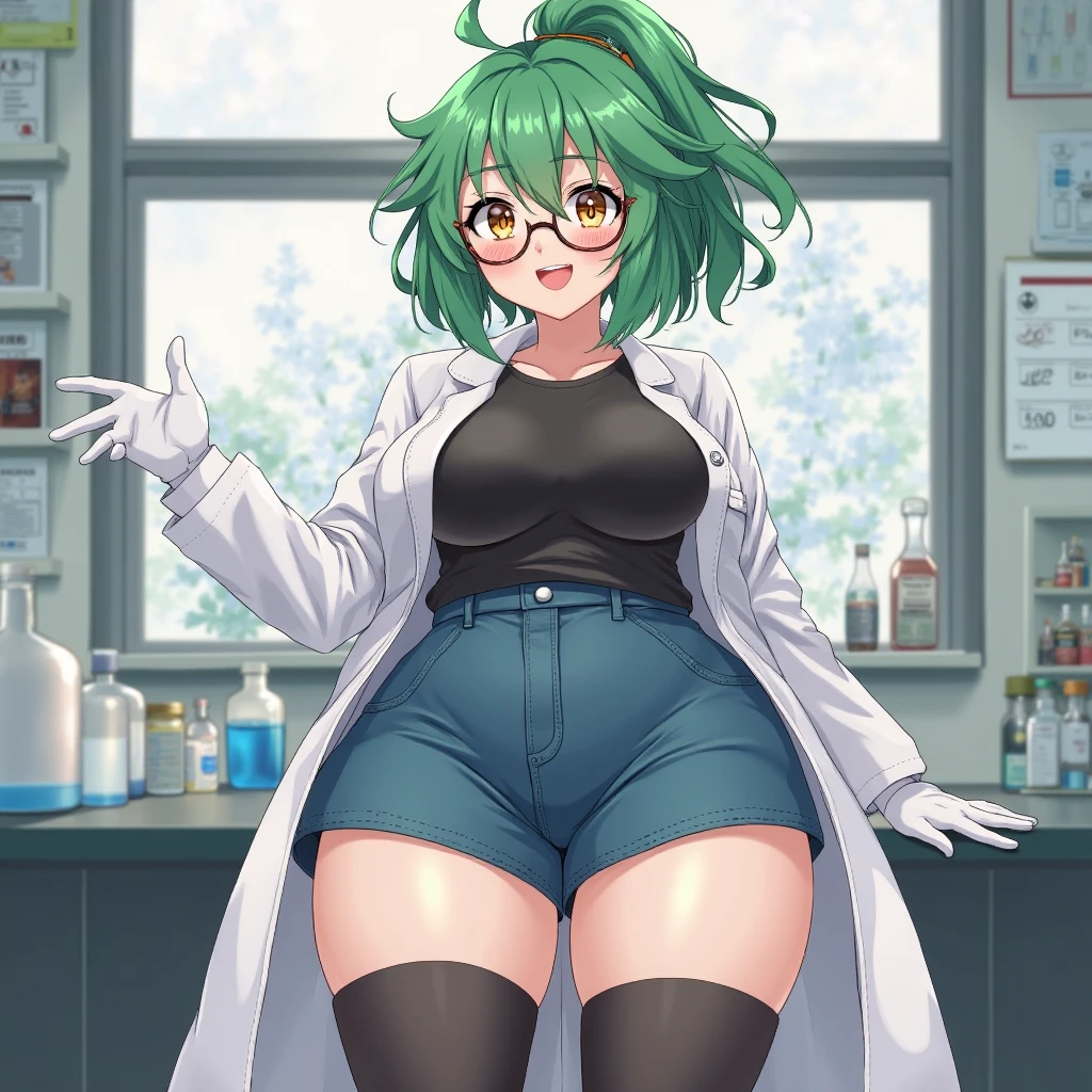 masterpiece, best quality,1girl, (huge breasts:1.1)sagging breasts,green hair,messy hair,black eyes, lab coat,standing,laboratory,beaker,hand in pocket ,naked coat,coffee cup in hand,Bags under eyes,pussy,pubic hair,pussy,whiteboard ,legs apart ,cowboy short,pantyhose,(dark nipples:1.4),(cum in pussy),cumdrip