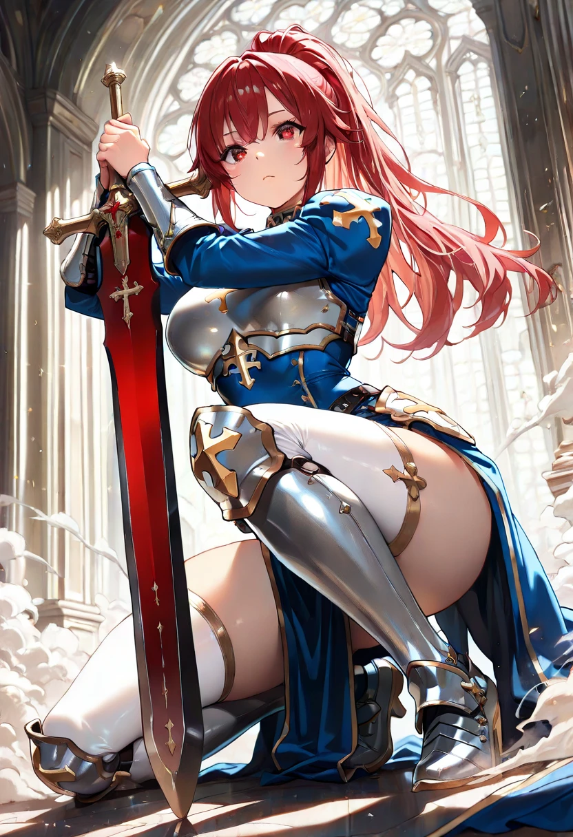 Redhead warrior, armor, medieval fantasy, D&d, RPG, ultra realistic, ultra detailed, best quality, 8k, wallpaper, steel breastplate, steel boots, steel gauntlets, steel gloves, lying on the bed, ass up, skirt lifted, back view, looking back, red skirt, tiny panties, tight panties, white panties, open crotch, panty view, upskirt, thong, cameltoe, pantyshot, RAW,